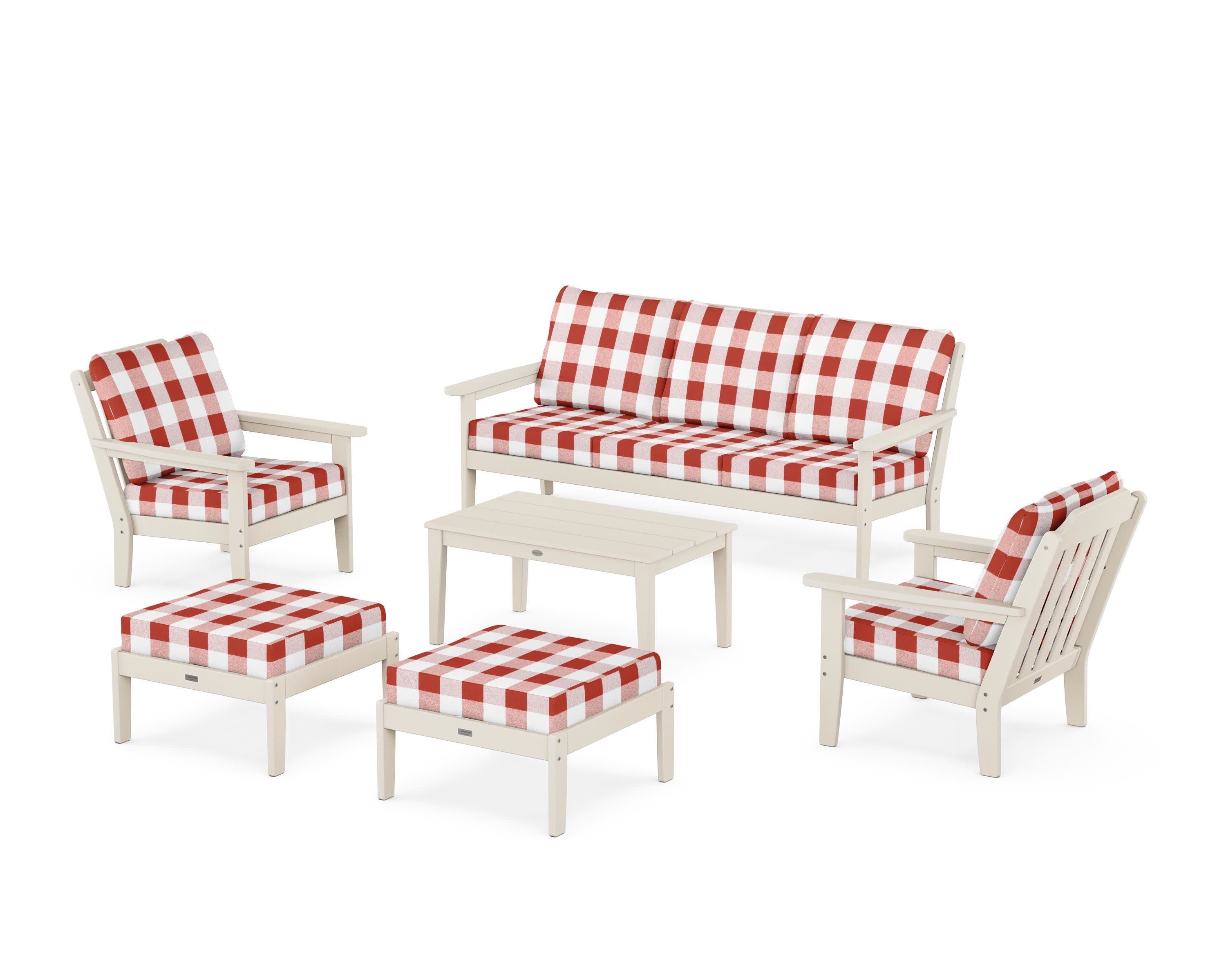 Cottage 6-Piece Lounge Sofa Set in Sand / Buffalo Plaid Crimson