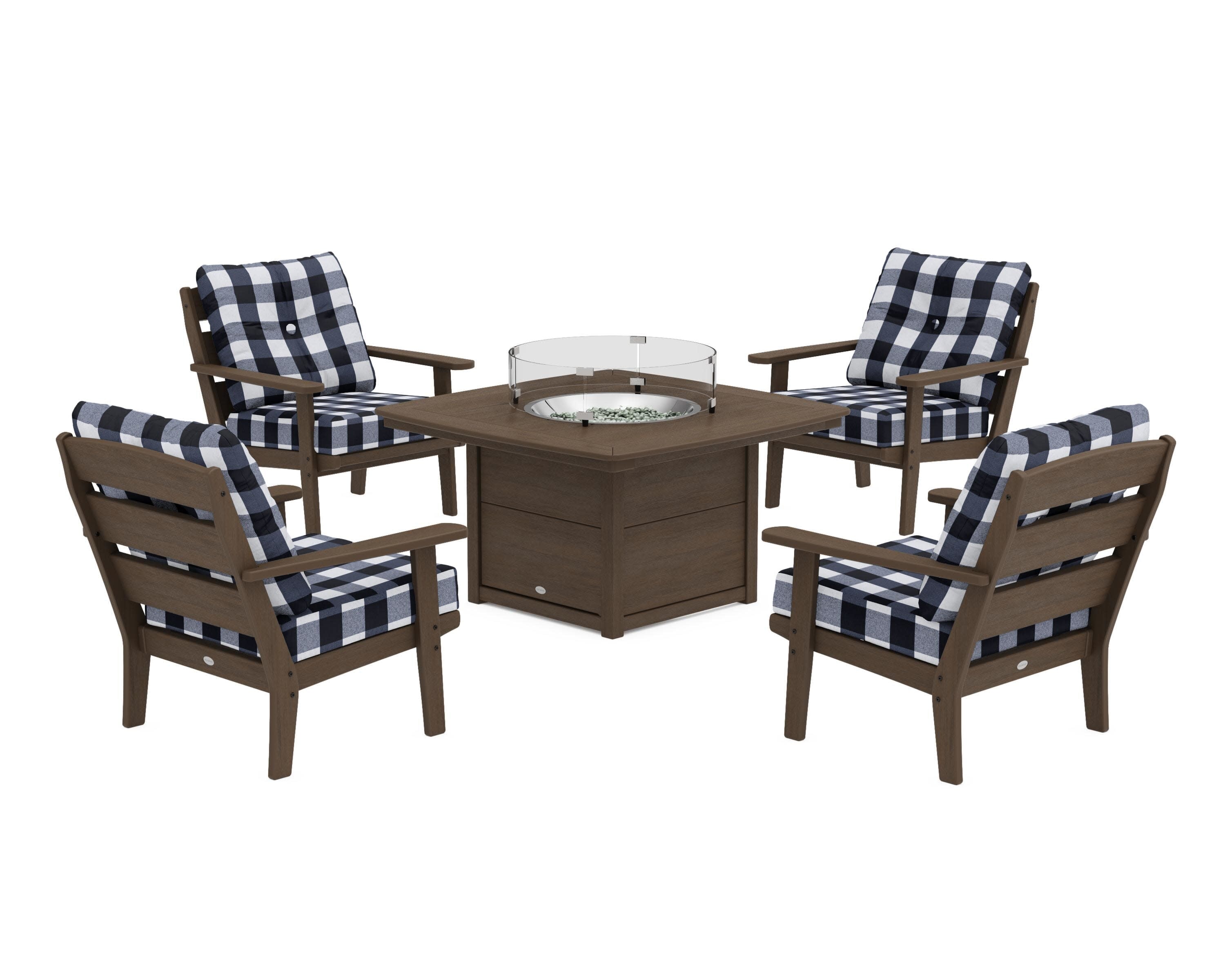 Lakeside 5-Piece Deep Seating Set with Nautical Fire Pit Table in Kona / Buffalo Plaid Marine Indigo