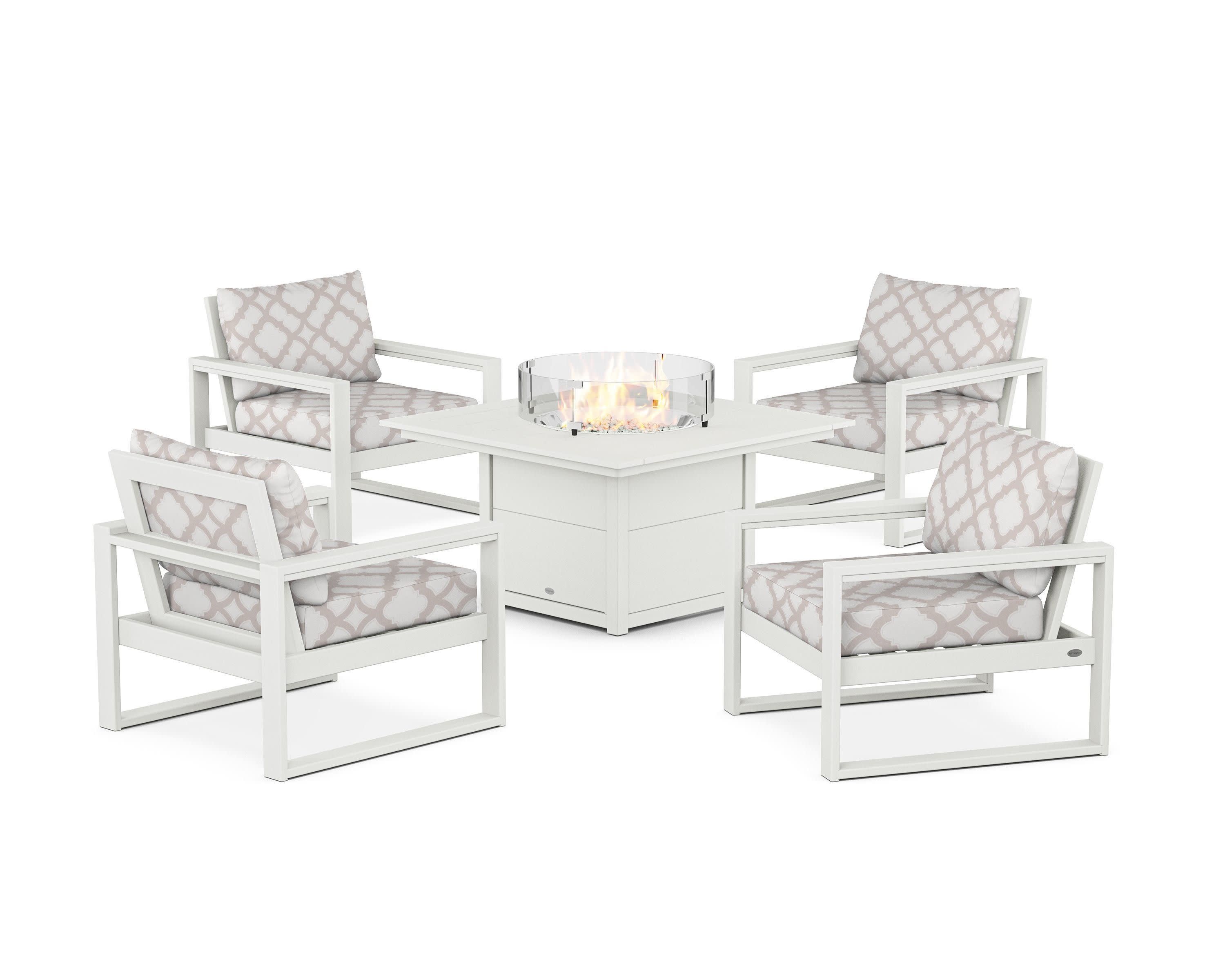 EDGE Sectional 5-Piece Deep Seating Set with Fire Pit Table in Vintage White / Trellis Dune Burlap