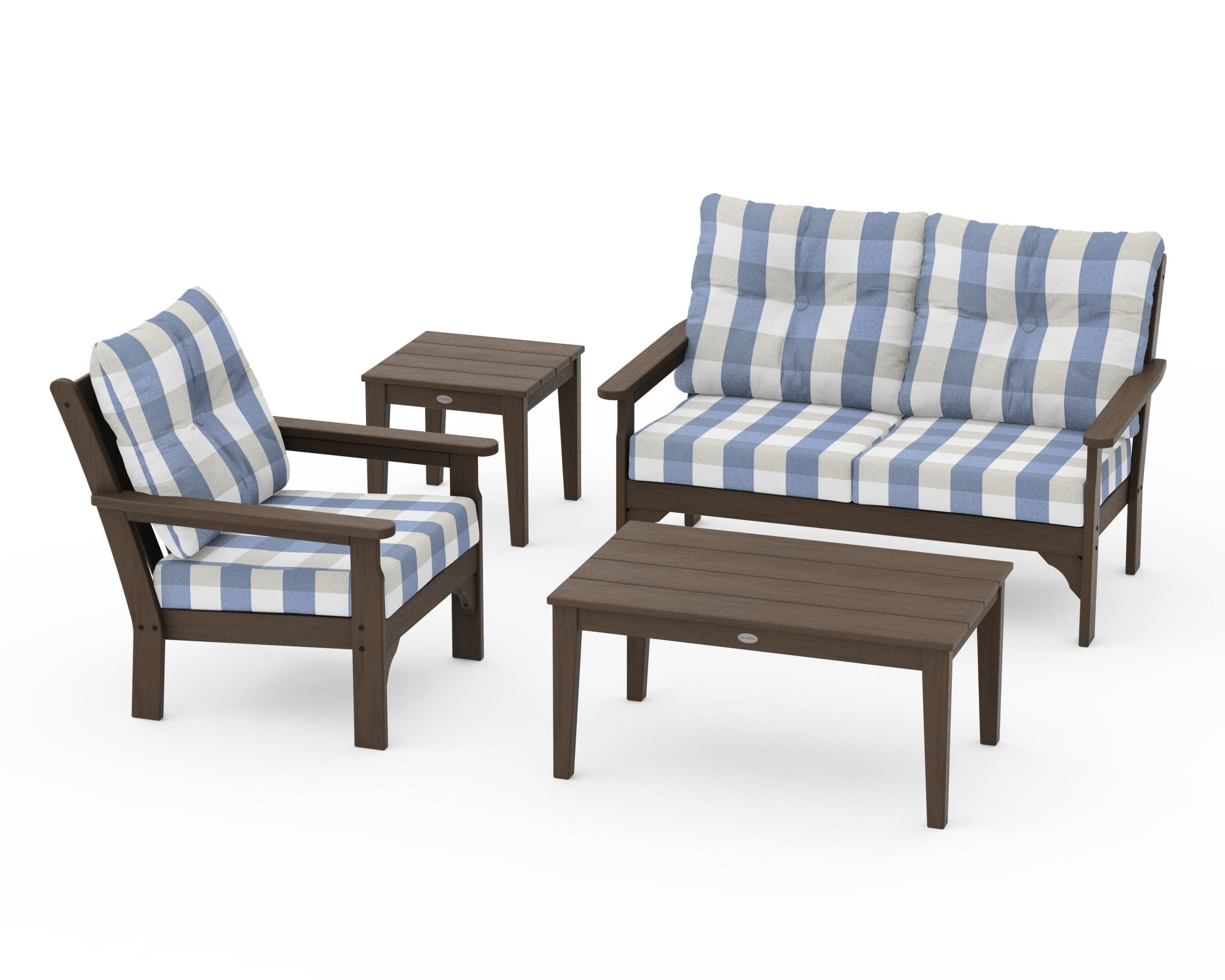 Vineyard 4-Piece Deep Seating Set in Kona / Buffalo Plaid Sky Blue