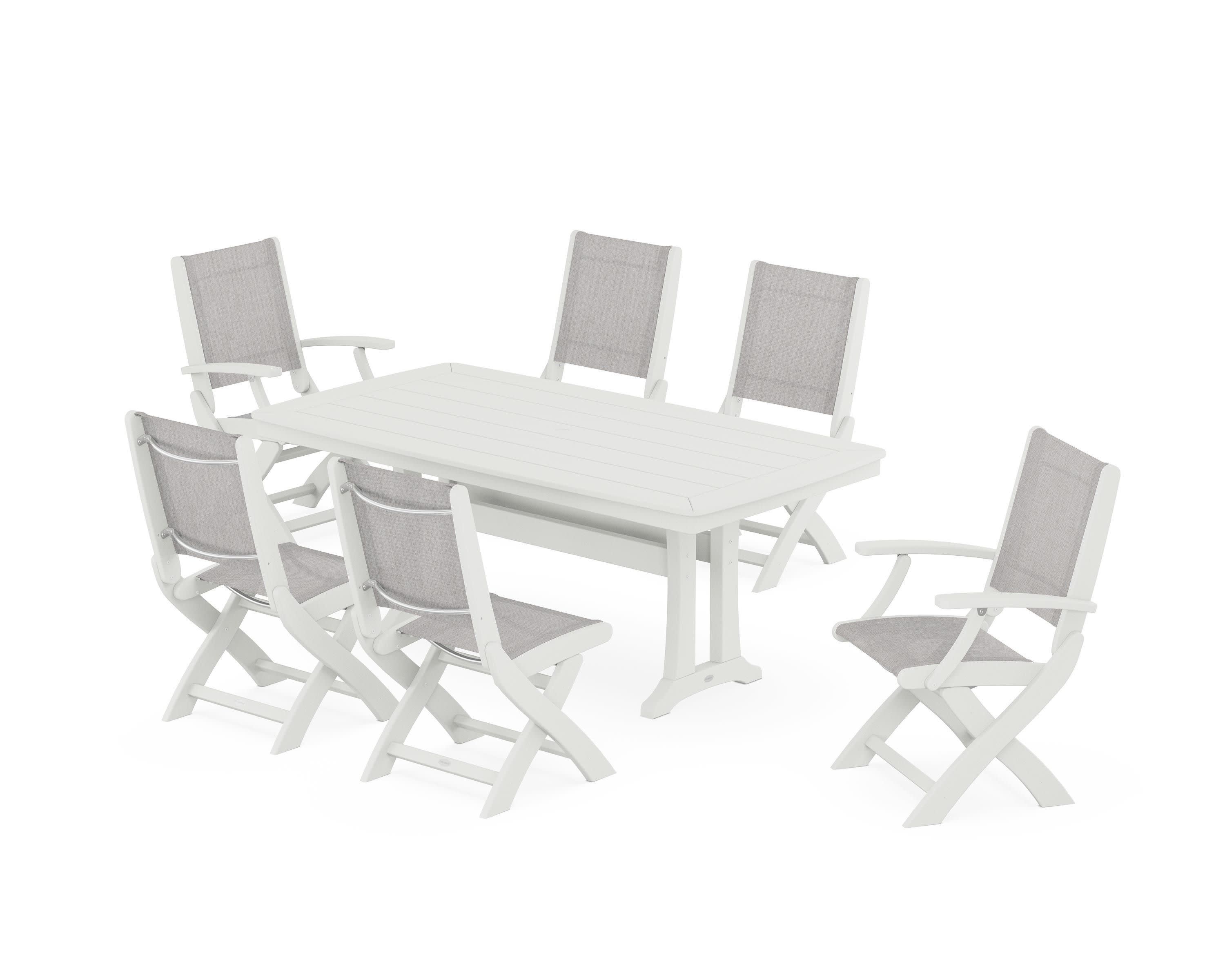 Coastal Folding Chair 7-Piece Dining Set with Trestle Legs in Vintage White / Parchment Sling