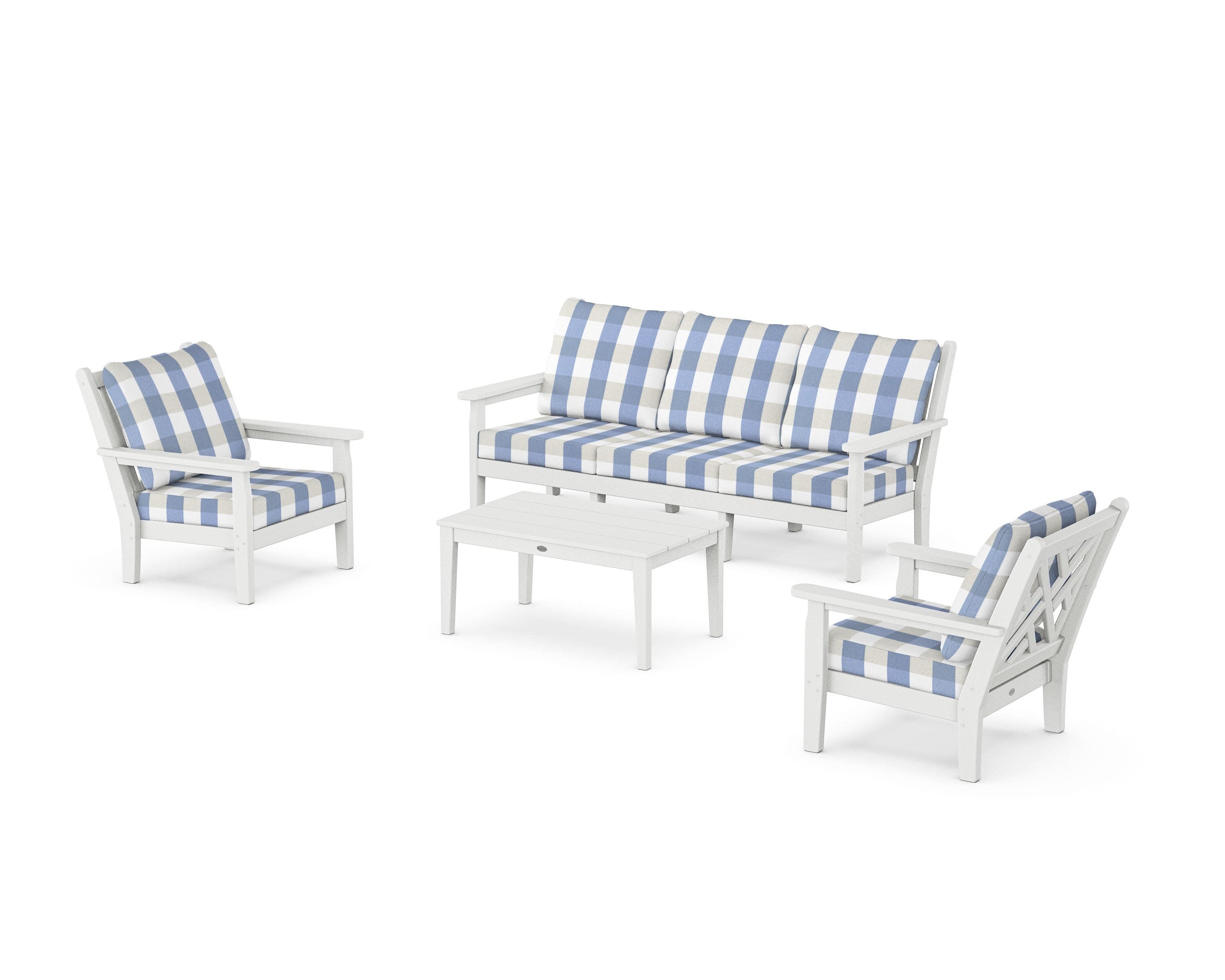Chippendale 4-Piece Deep Seating Set with Sofa in White / Buffalo Plaid Sky Blue