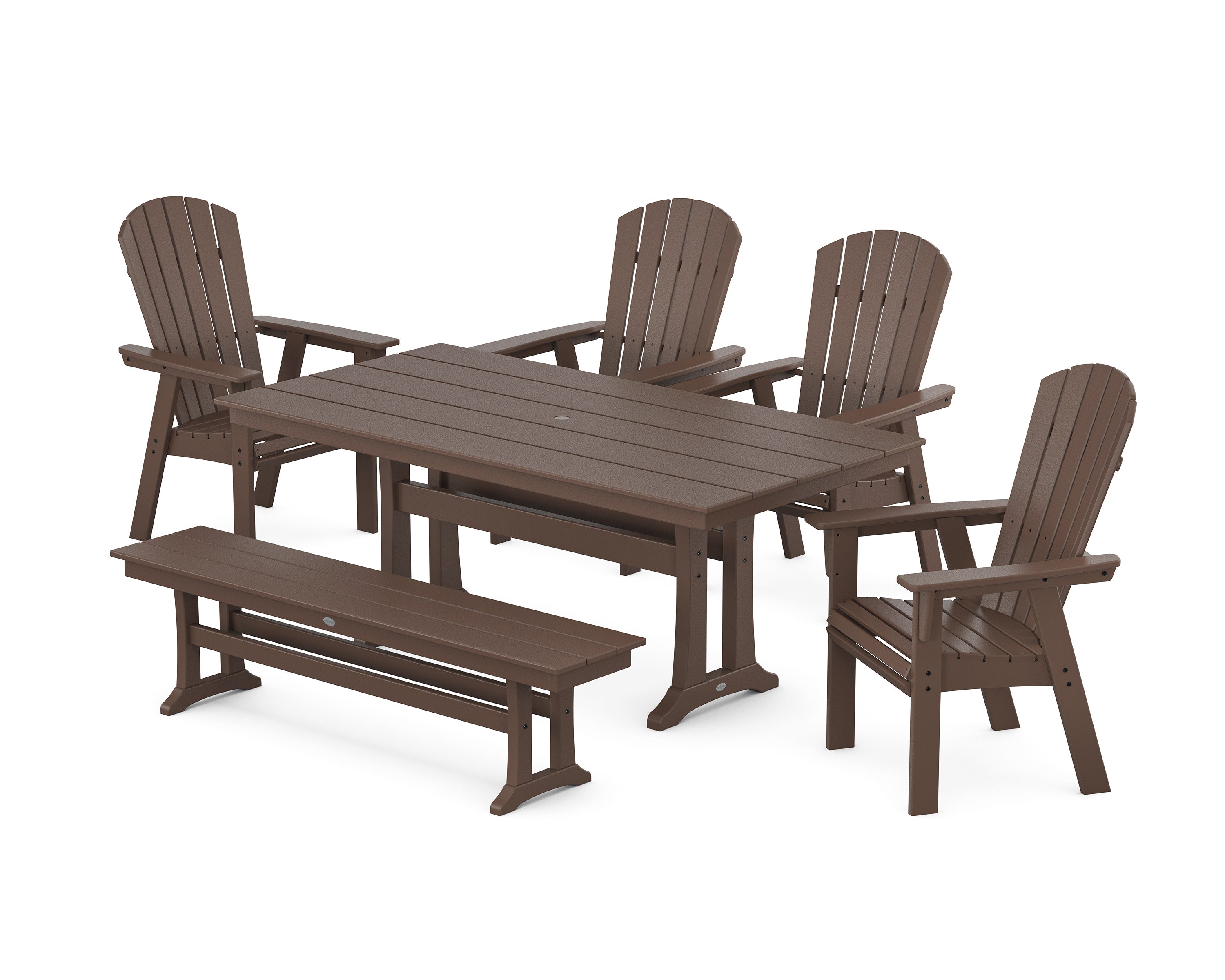 Nautical Curveback Adirondack 6-Piece Farmhouse Dining Set with Trestle Legs and Bench in Mahogany