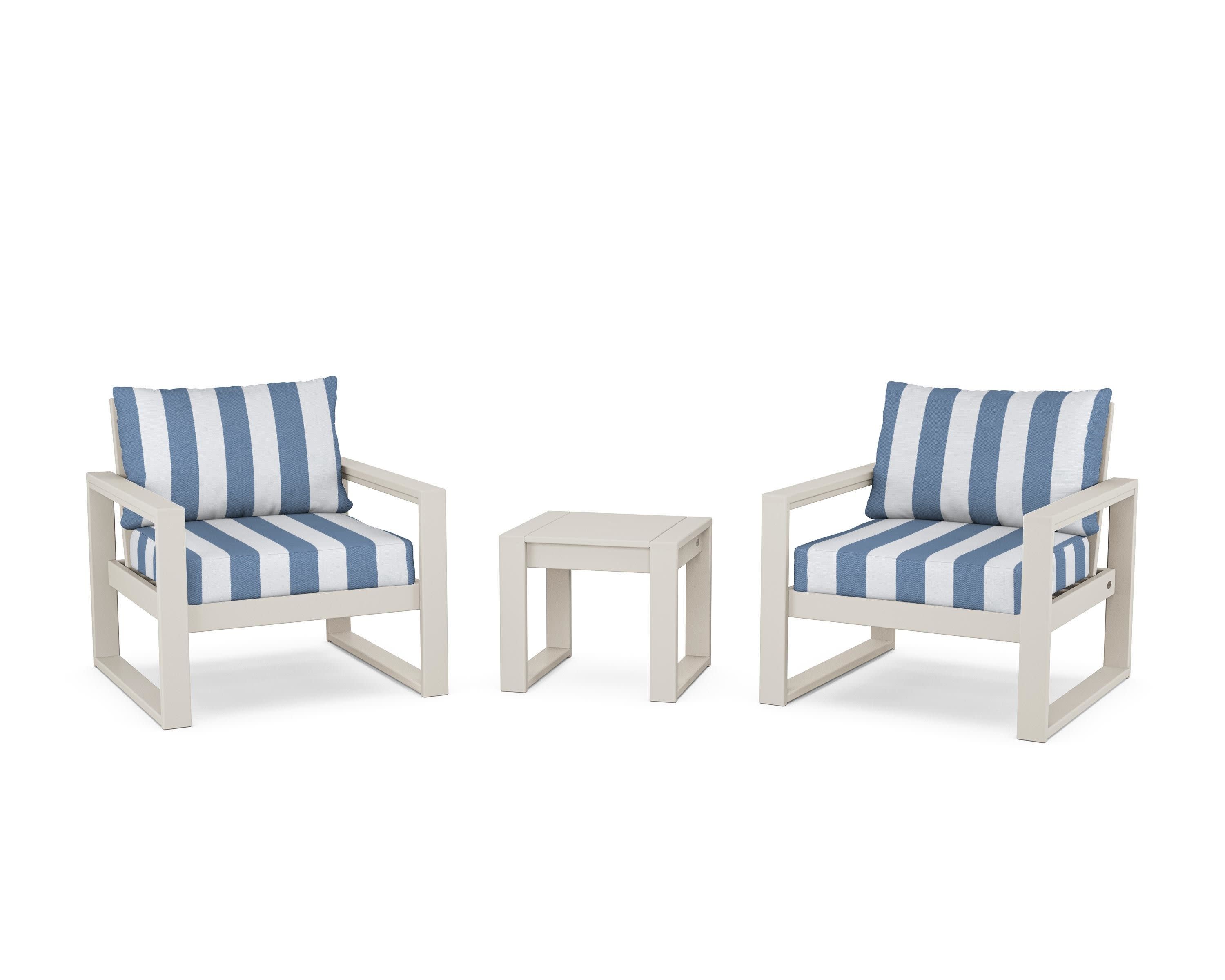 EDGE Sectional 3-Piece Deep Seating Set in Sand / Cabana Stripe Sky Blue