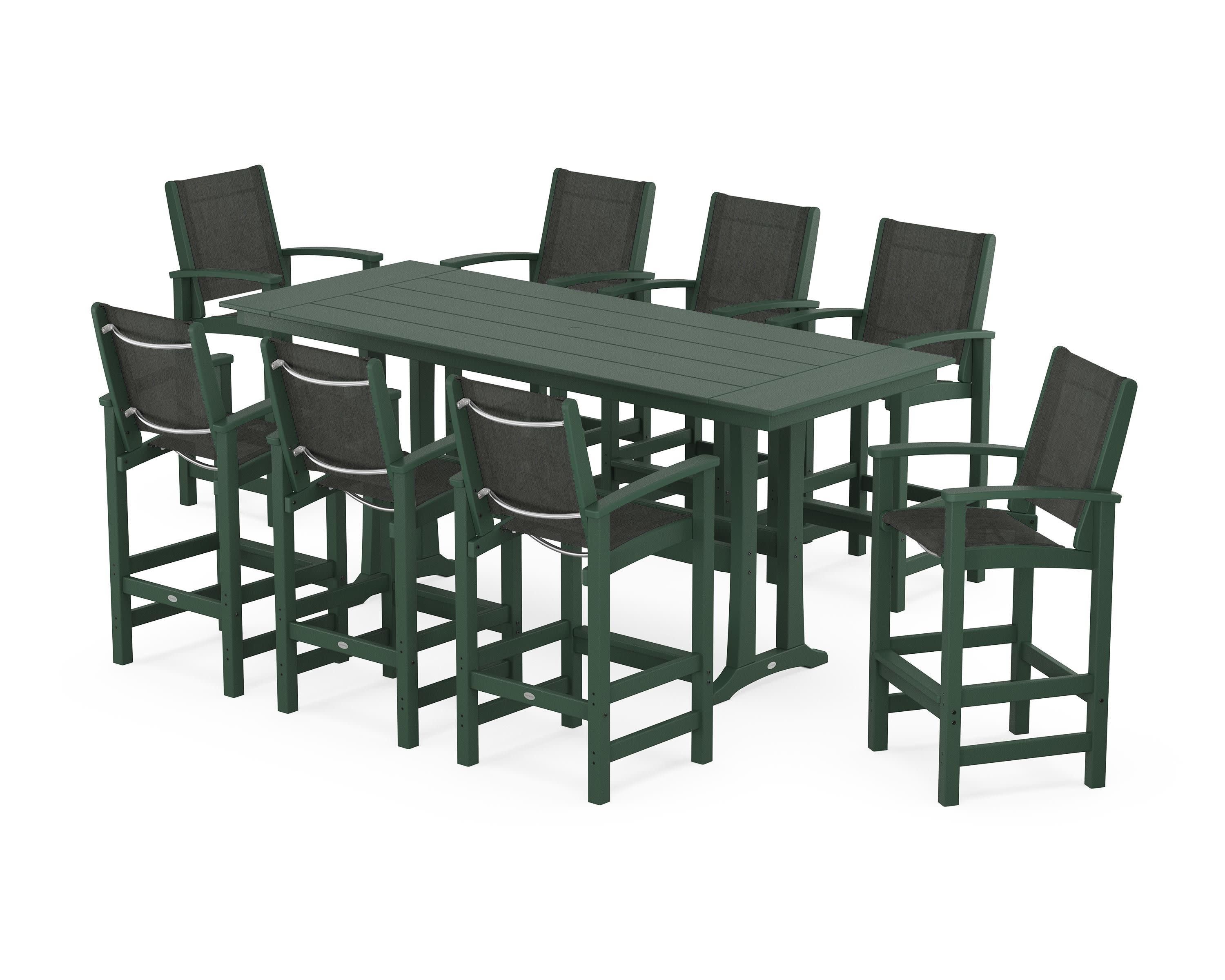 Coastal 9-Piece Farmhouse Bar Set with Trestle Legs in Green / Ember Sling