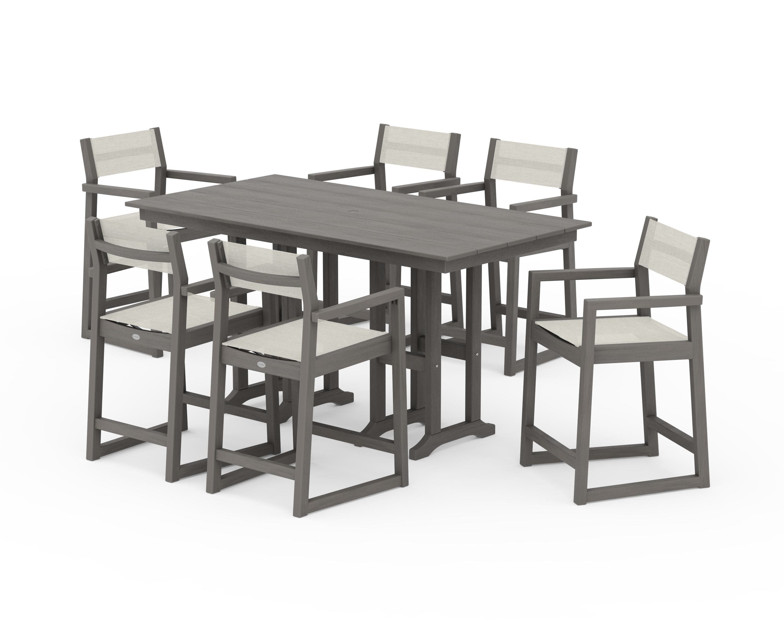 EDGE Sling Arm Chair 7-Piece Farmhouse Counter Set in Driftwood / Parchment Sling