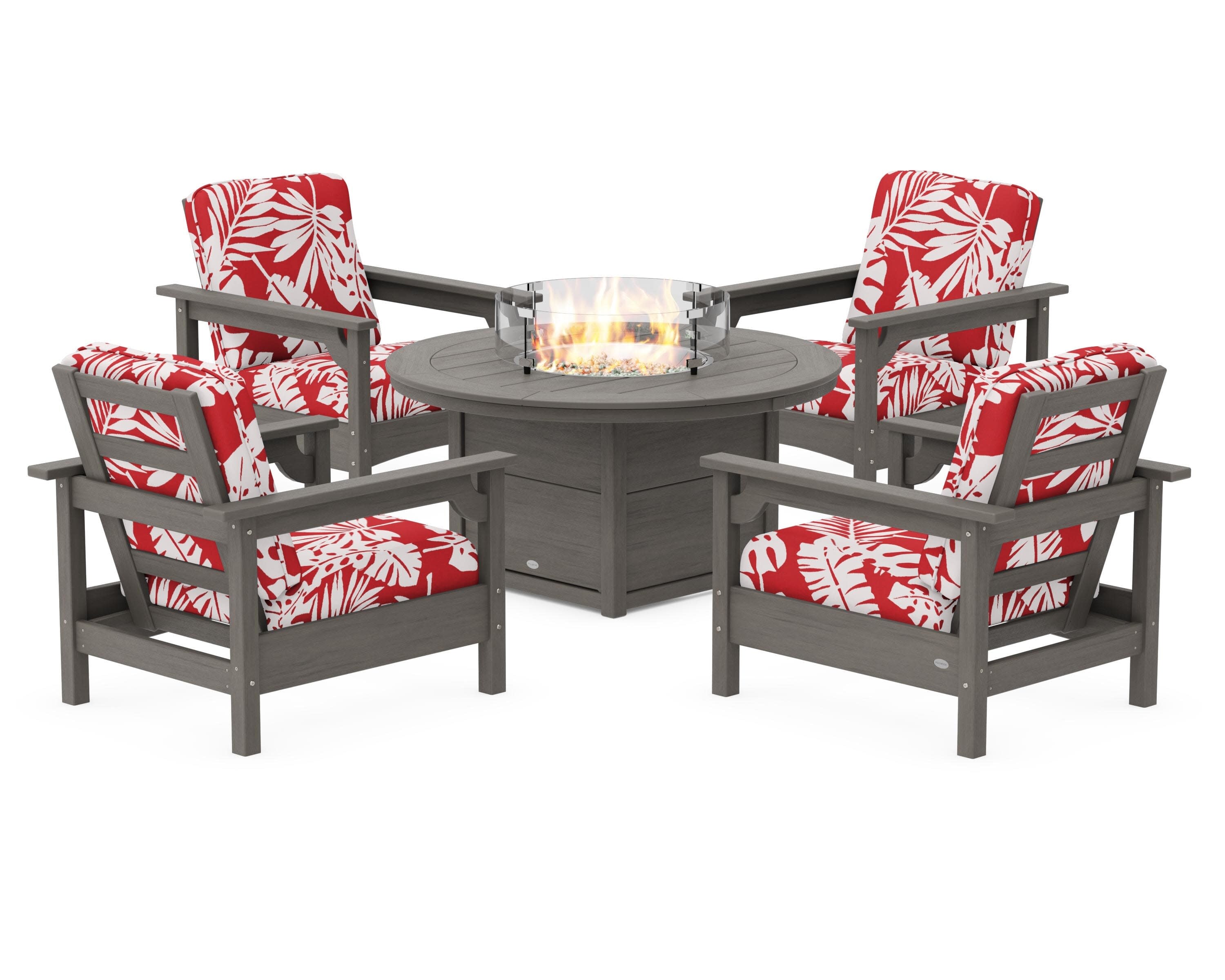 Club 5-Piece Conversation Set with Fire Pit Table in Driftwood / Leaf Crimson