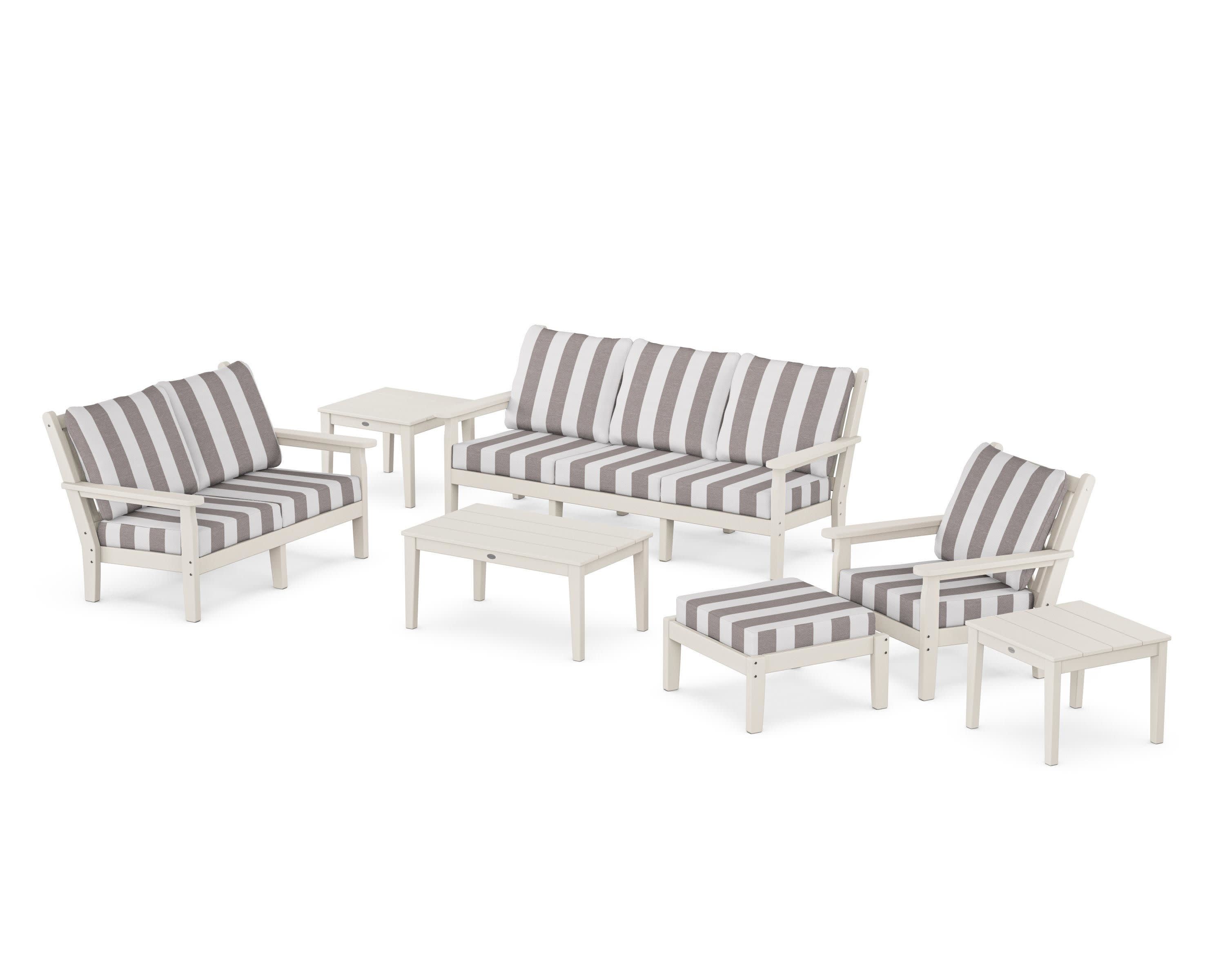 Chippendale 7-Piece Deep Seating Set in Sand / Cabana Stripe Grey Mist