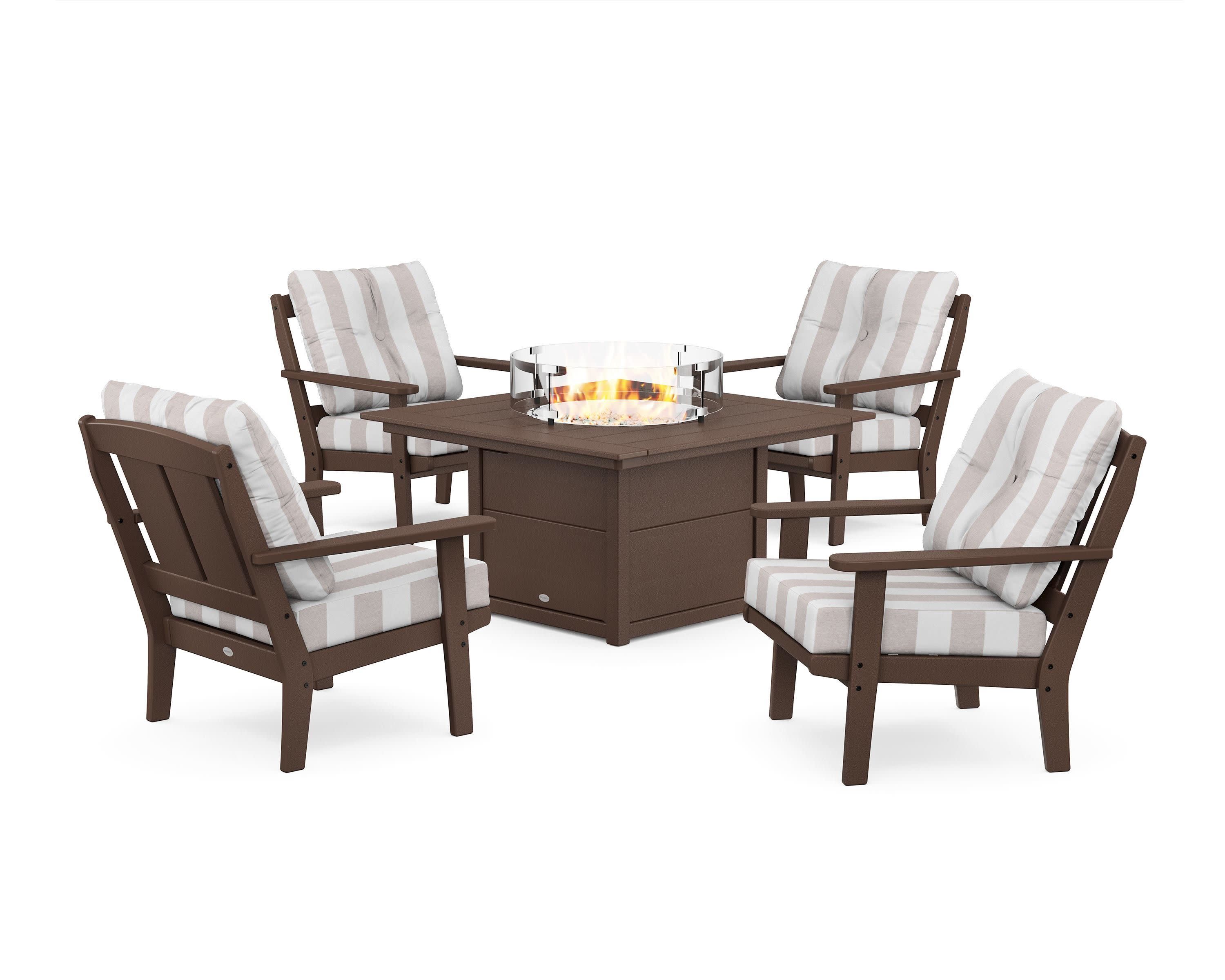 Mission 5-Piece Deep Seating Set with Fire Pit Table in Mahogany / Cabana Stripe Dune Burlap