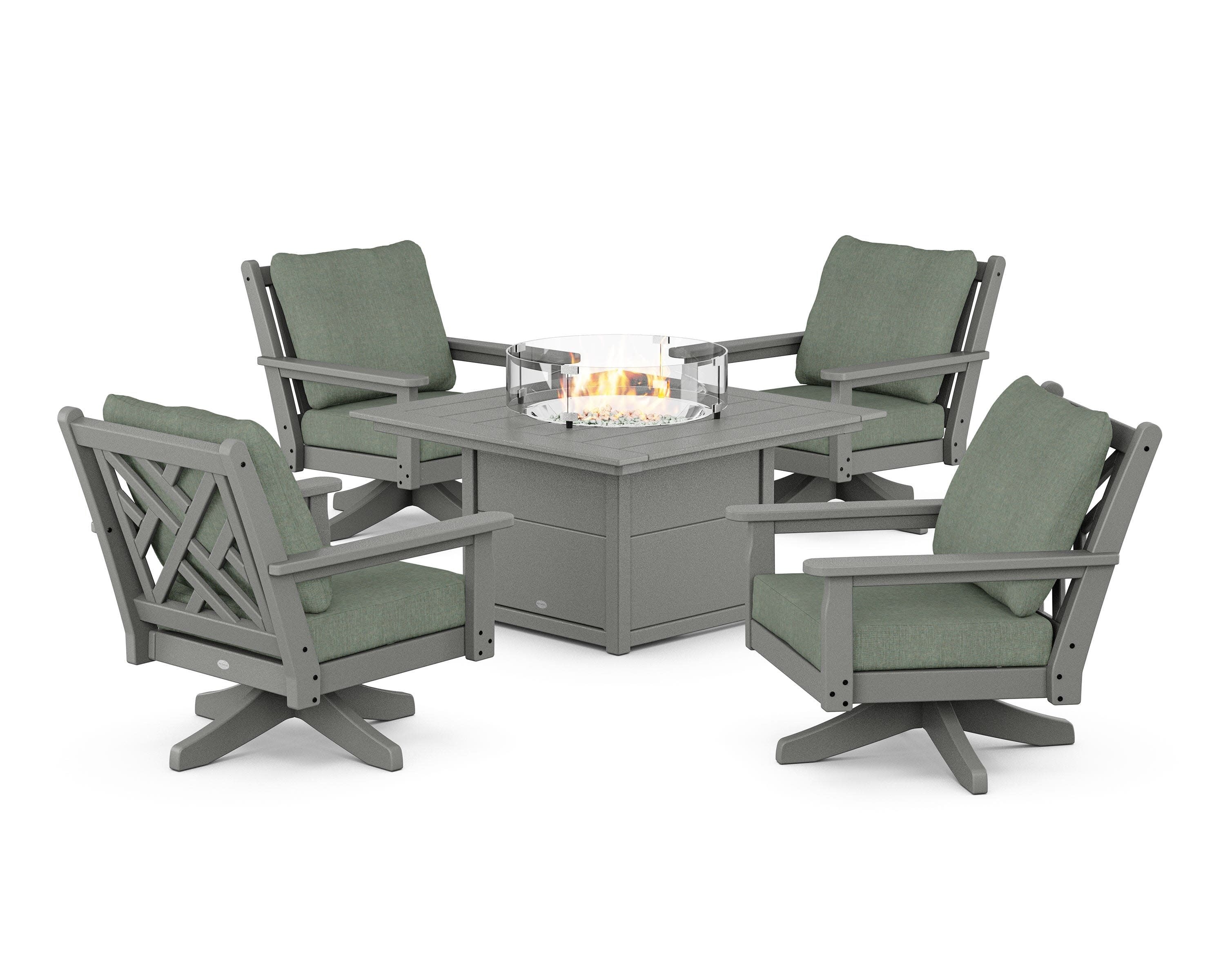 Chippendale 5-Piece Deep Seating Swivel Conversation Set with Fire Pit Table in Slate Grey / Cast Sage
