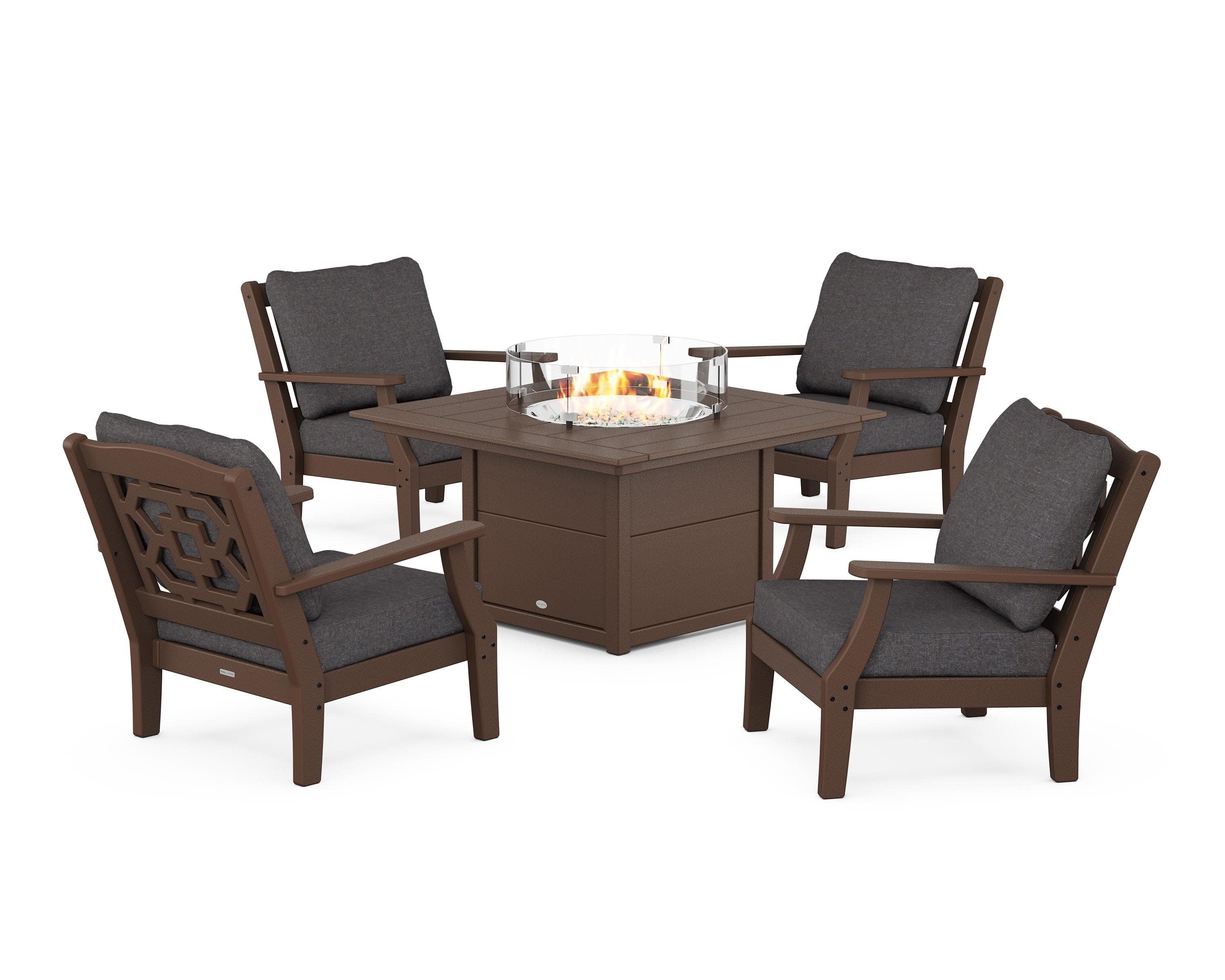 Chinoiserie 5-Piece Deep Seating Set with Fire Pit Table in Mahogany / Ash Charcoal