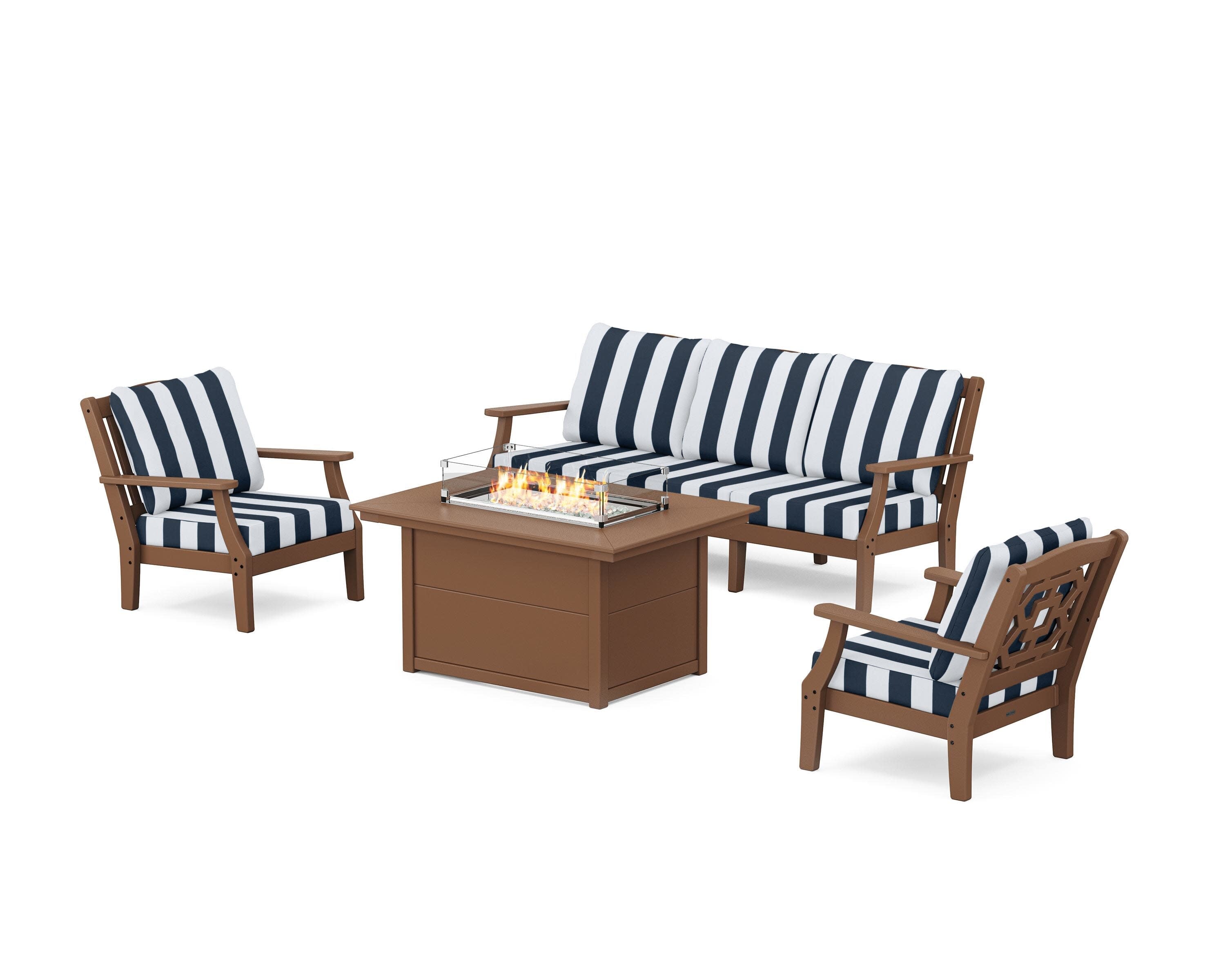 Chinoiserie Deep Seating Fire Pit Table Set in Teak / Cabana Stripe Marine Indigo