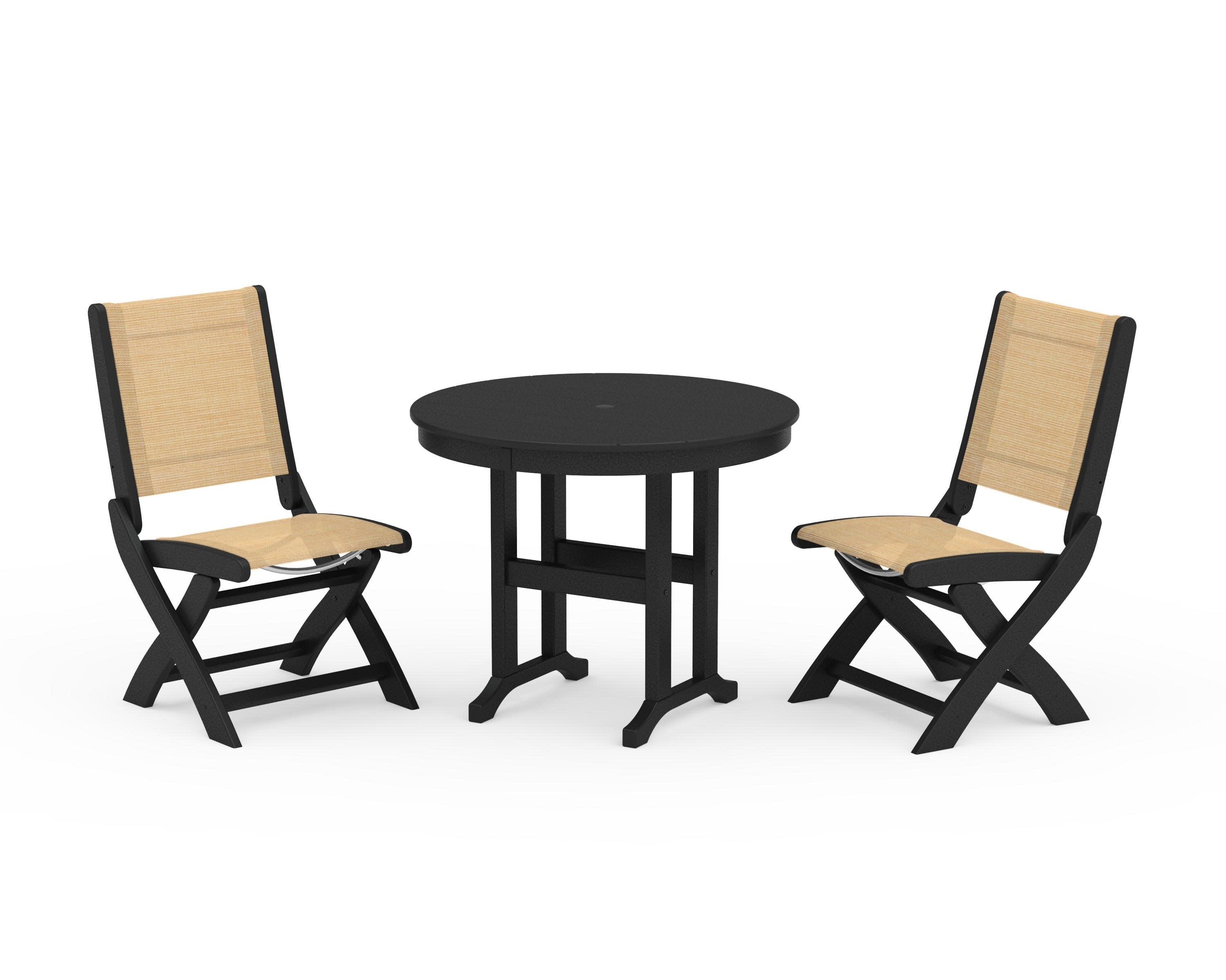 Coastal Folding Side Chair 3-Piece Round Dining Set in Black / Dupioni Apricot Sling