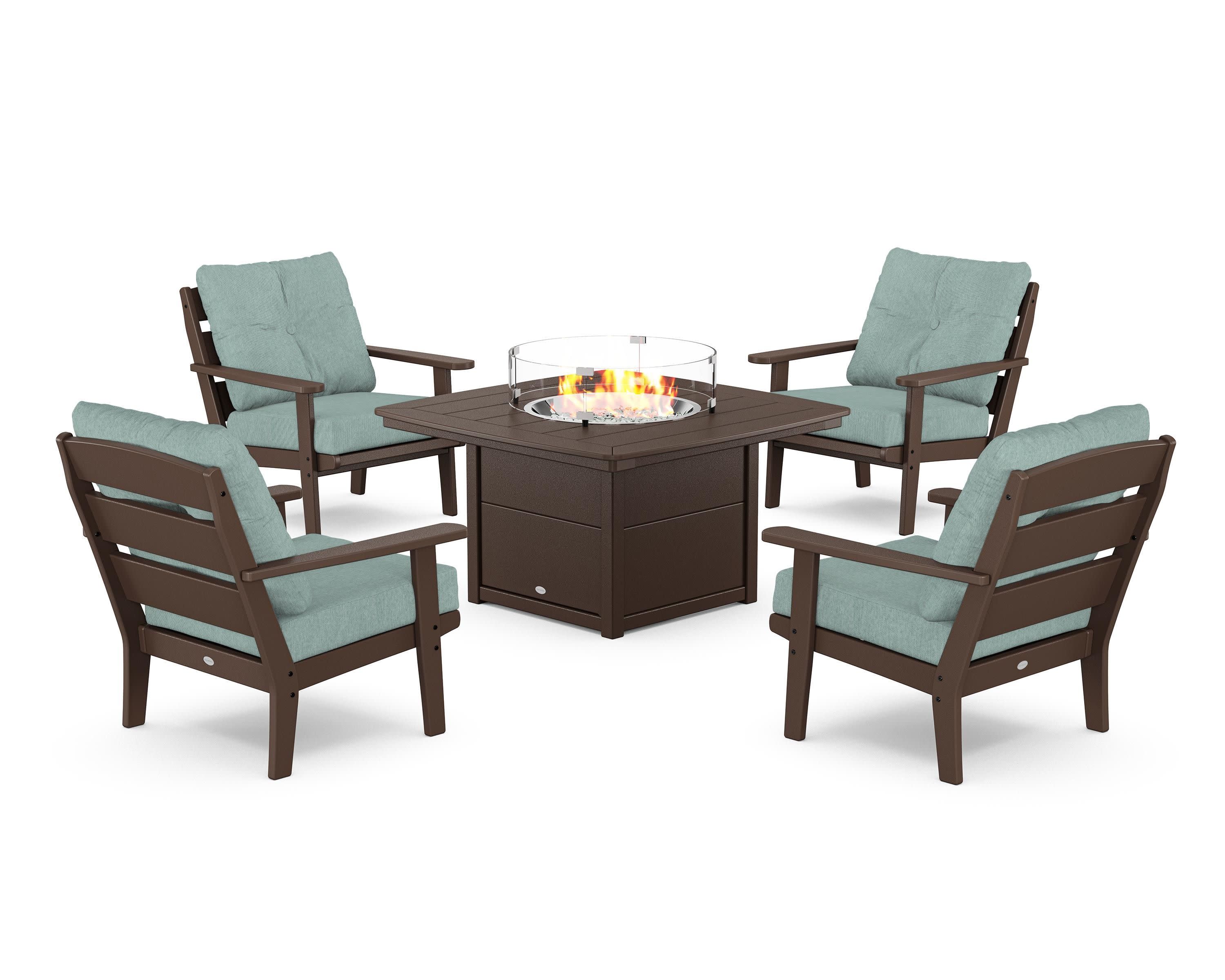 Lakeside 5-Piece Deep Seating Set with Nautical Fire Pit Table in Mahogany / Glacier Spa