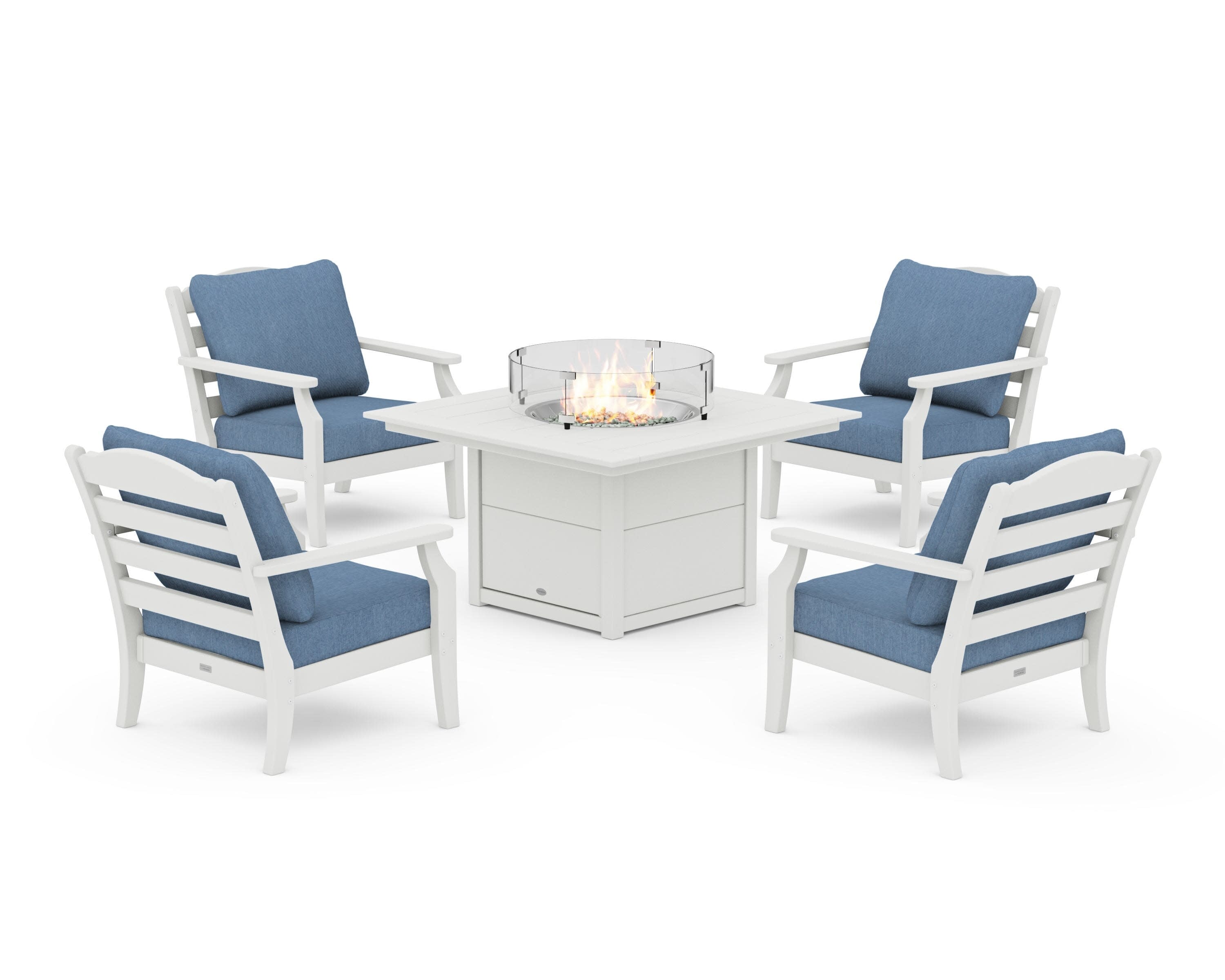 Savannah 5-Piece Deep Seating Set with Fire Pit Table in Vintage White / Sky Blue