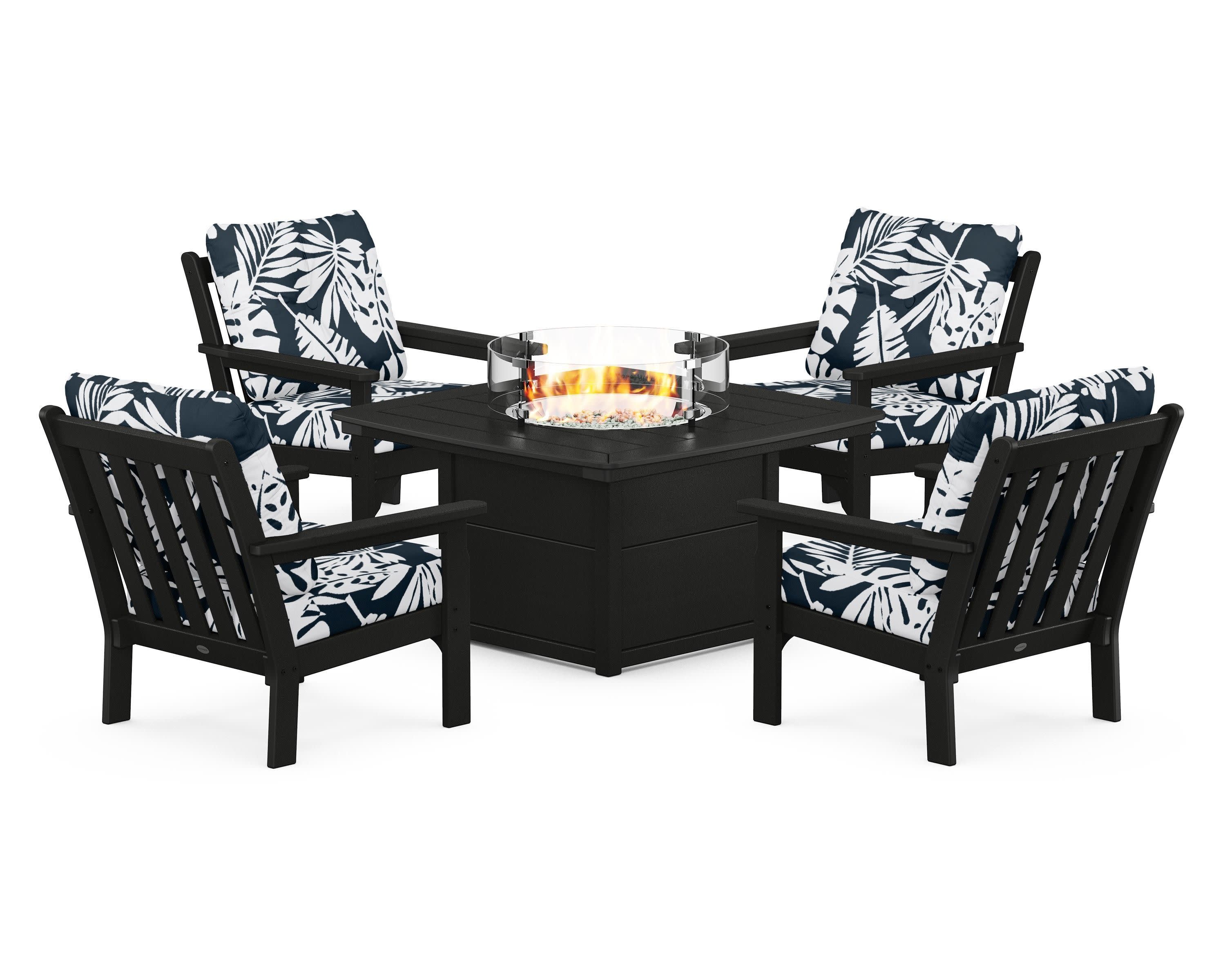 Vineyard 5-Piece Conversation Set with Fire Pit Table in Black / Leaf Marine Indigo