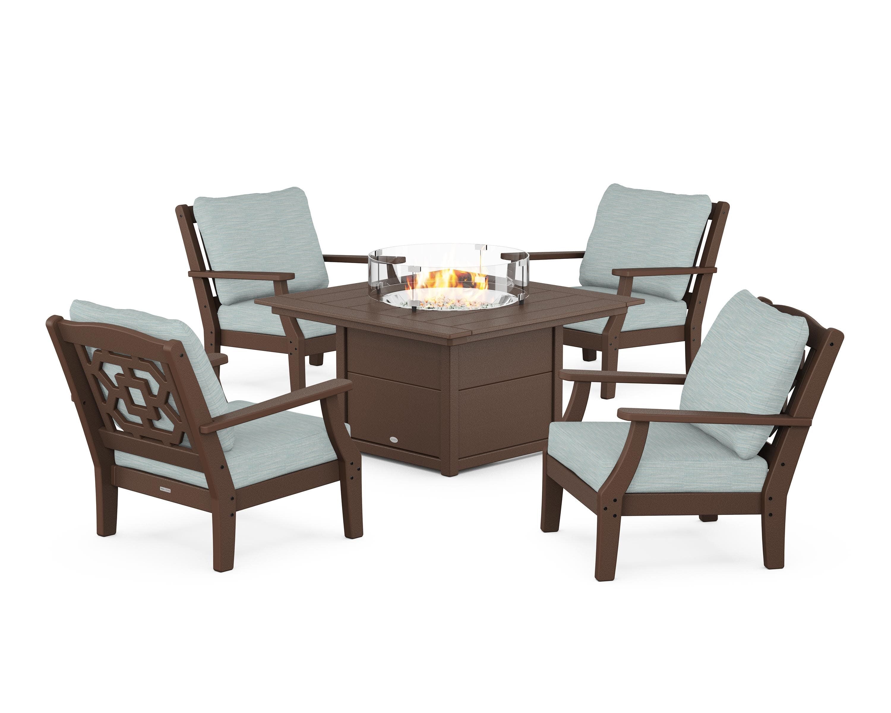 Chinoiserie 5-Piece Deep Seating Set with Fire Pit Table in Mahogany / Soothe Mist