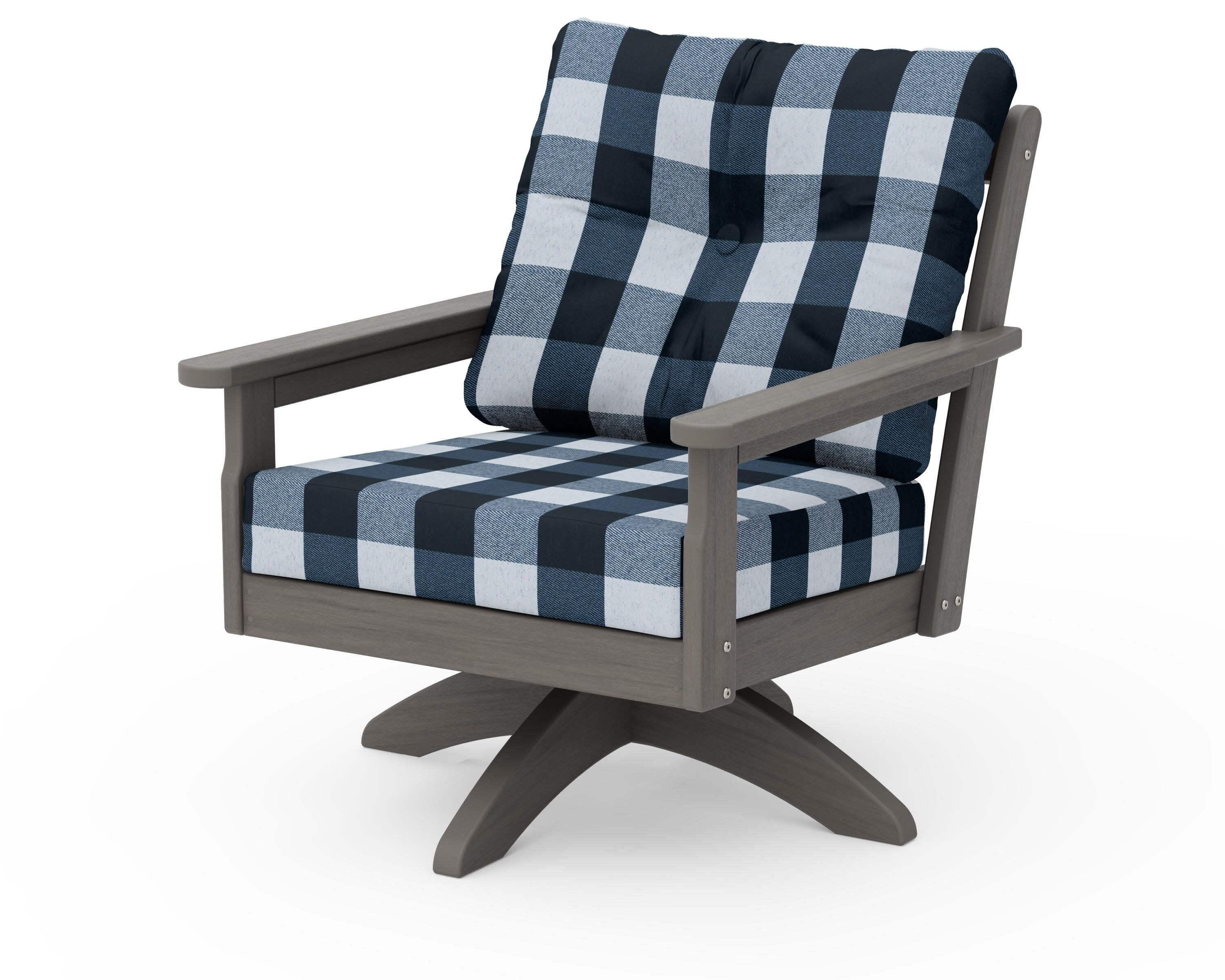 Vineyard Deep Seating Swivel Chair in Driftwood / Buffalo Plaid Marine Indigo