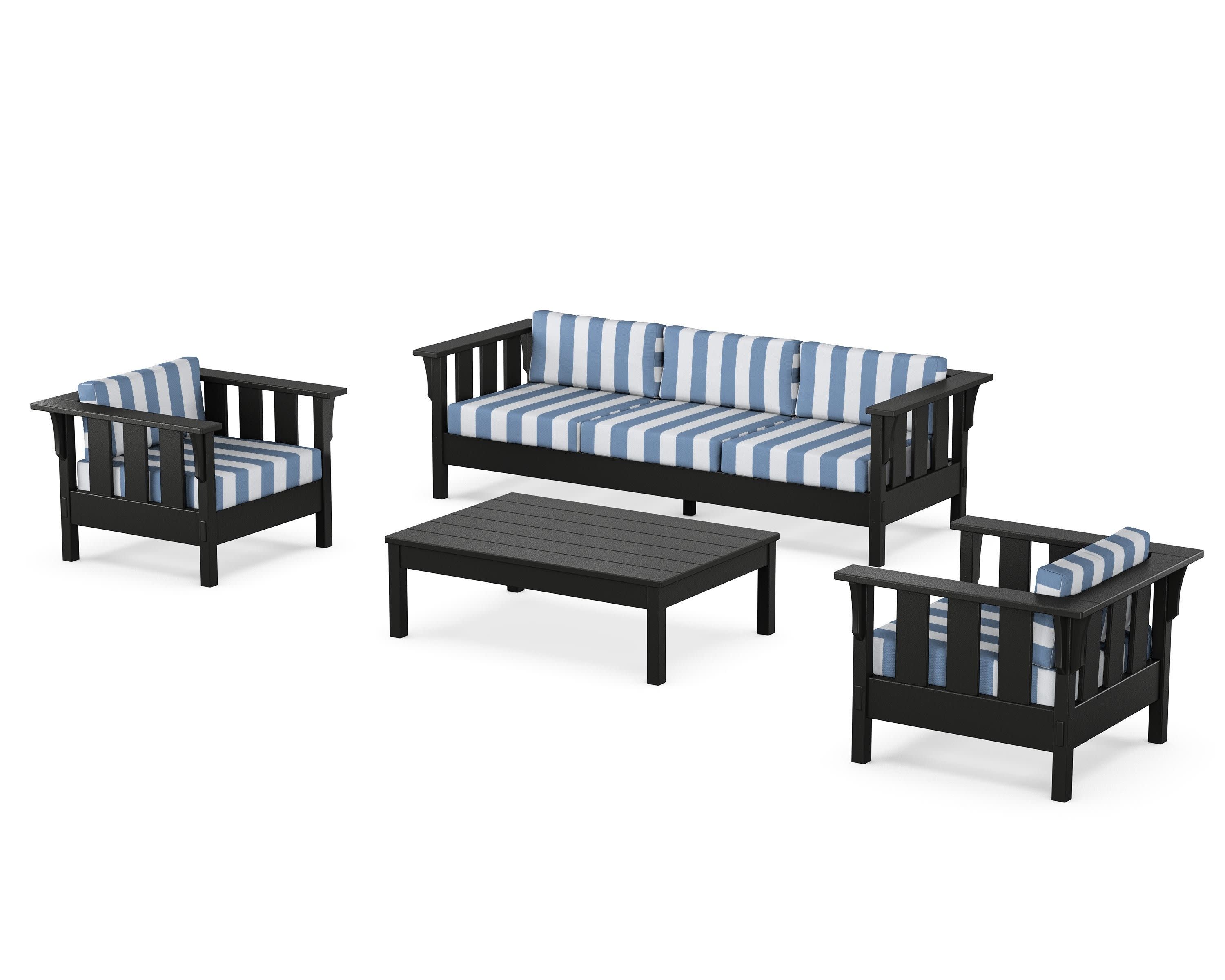 Acadia 4-Piece Deep Seating Set with Sofa in Black / Cabana Stripe Sky Blue