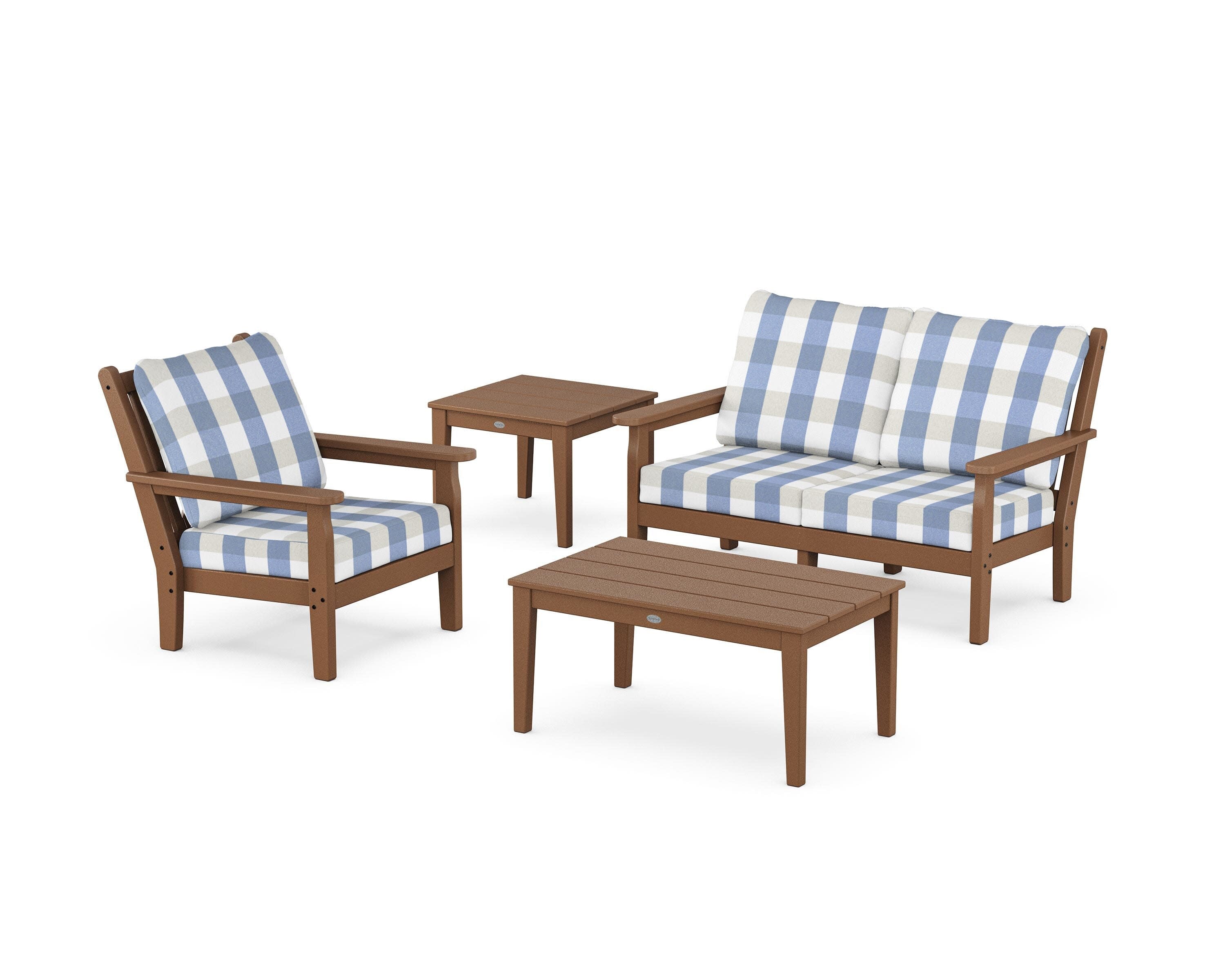Chippendale 4-Piece Deep Seating Set in Teak / Buffalo Plaid Sky Blue