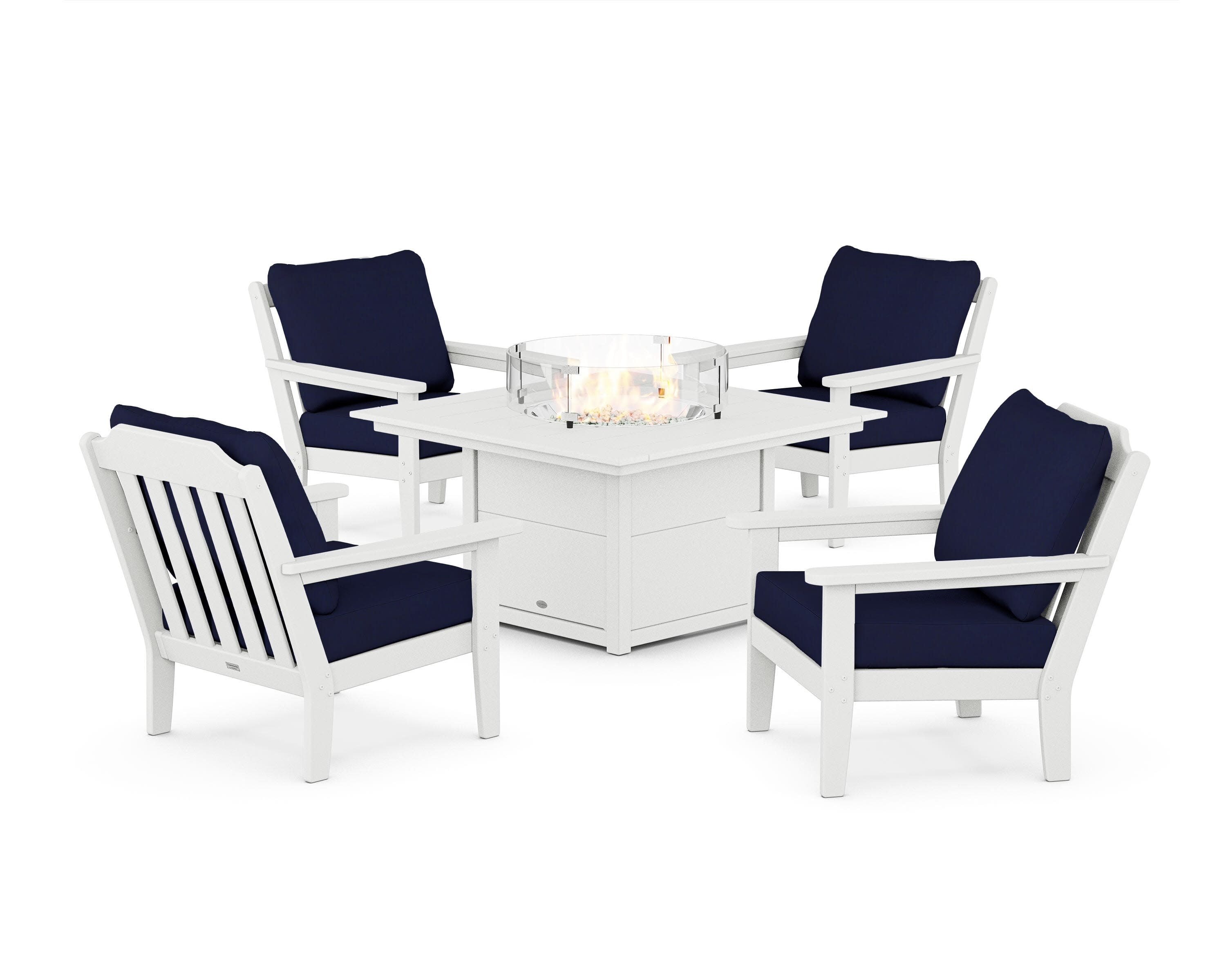Cottage 5-Piece Deep Seating Set with Fire Pit Table in White / Navy