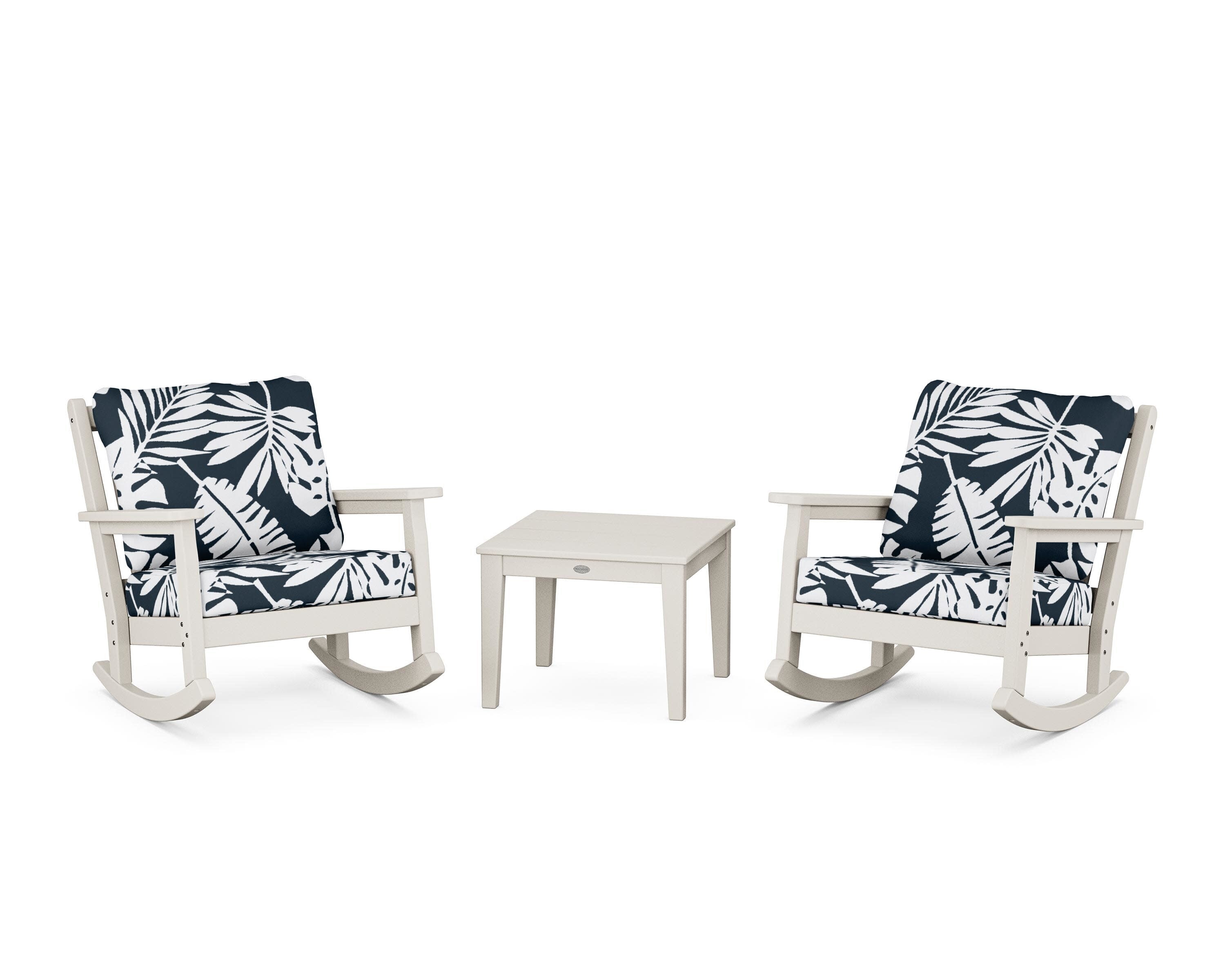 Chippendale 3-Piece Deep Seating Rocker Set in Sand / Leaf Marine Indigo
