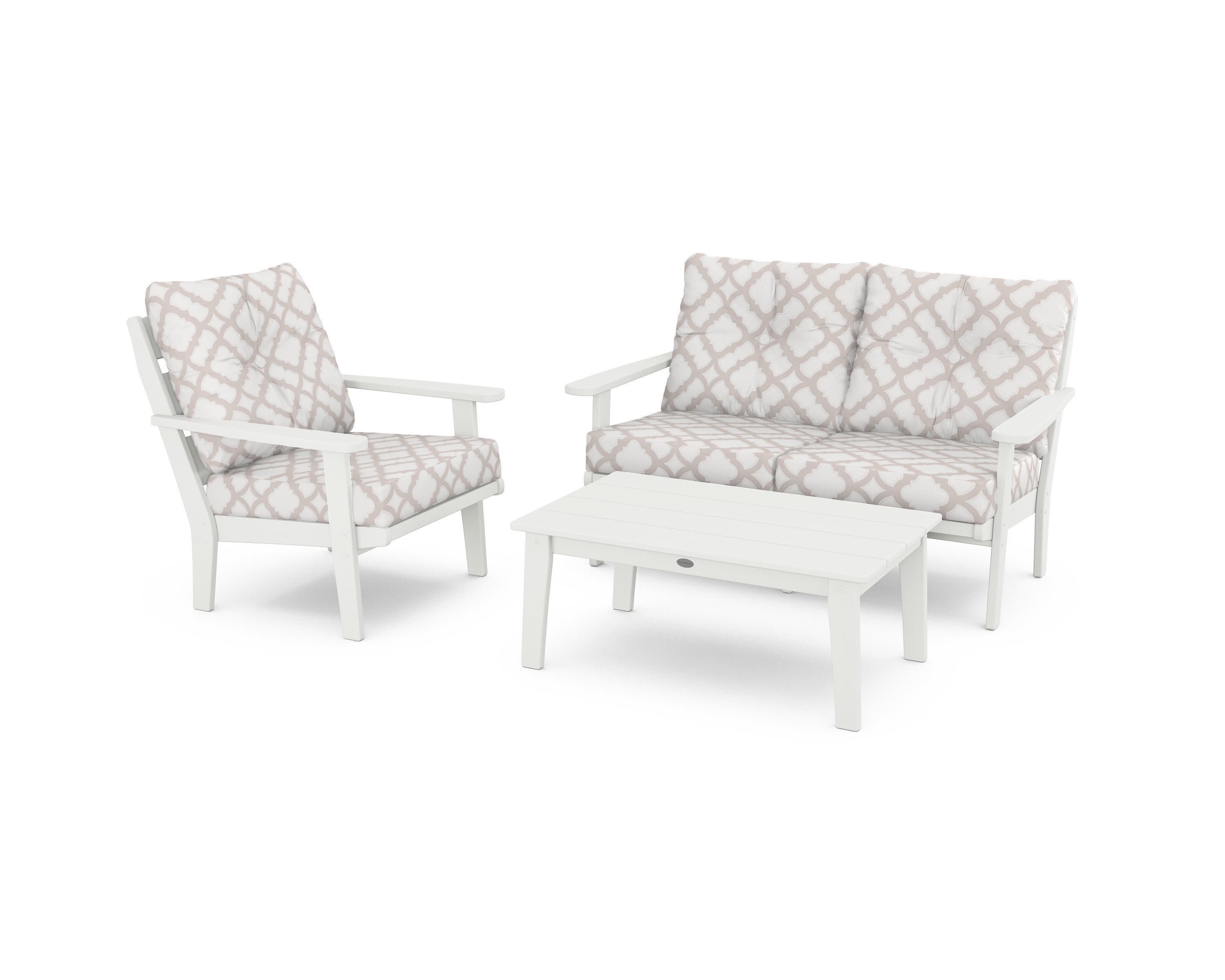 Lakeside 3-Piece Deep Seating Set in Vintage White / Trellis Dune Burlap