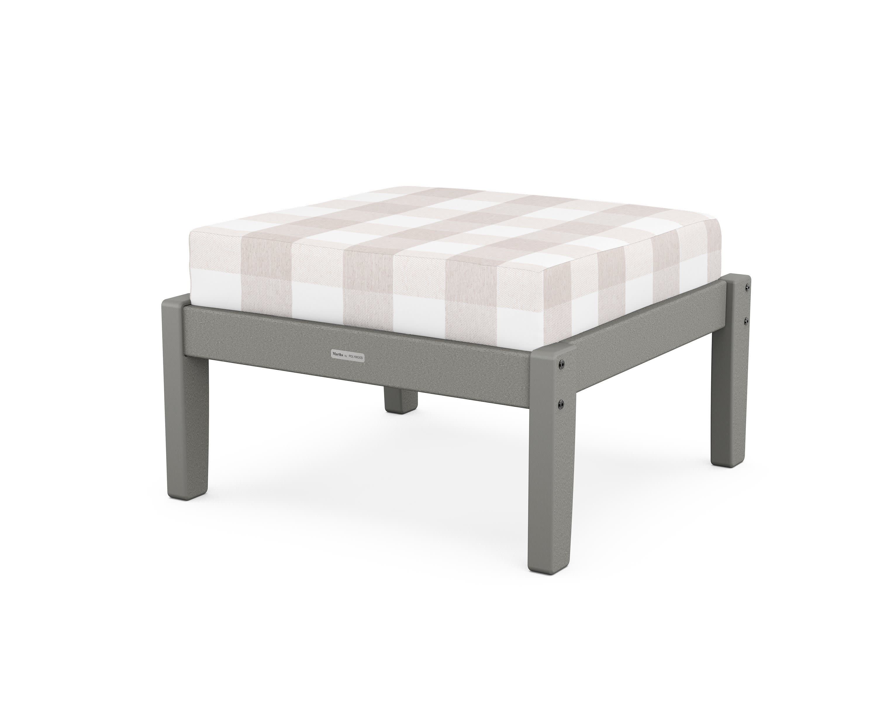 Chinoiserie Deep Seating Ottoman in Slate Grey / Buffalo Plaid Dune Burlap