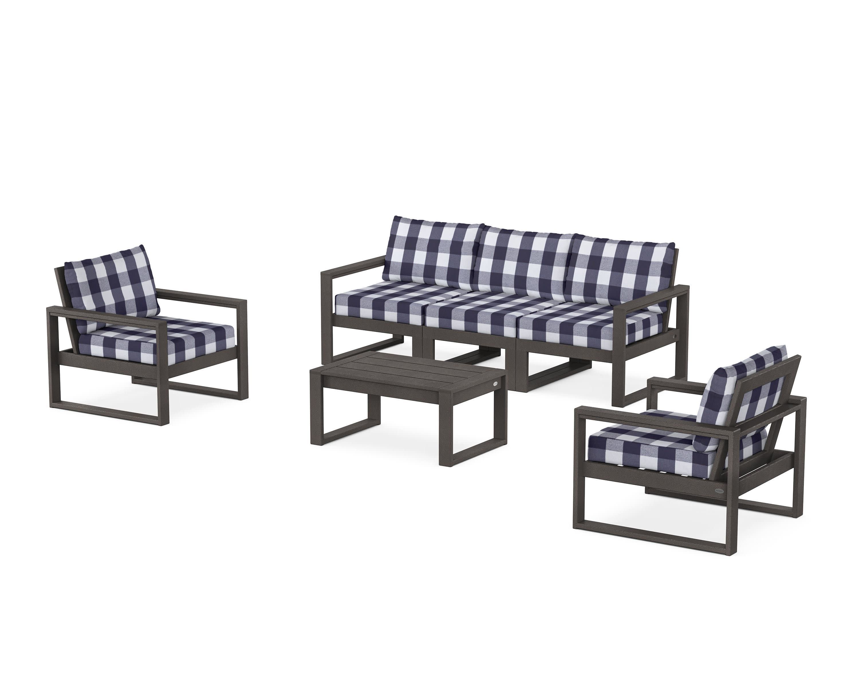 EDGE Sectional 4-Piece Deep Seating Set with Sofa in Vintage Coffee / Buffalo Plaid Navy