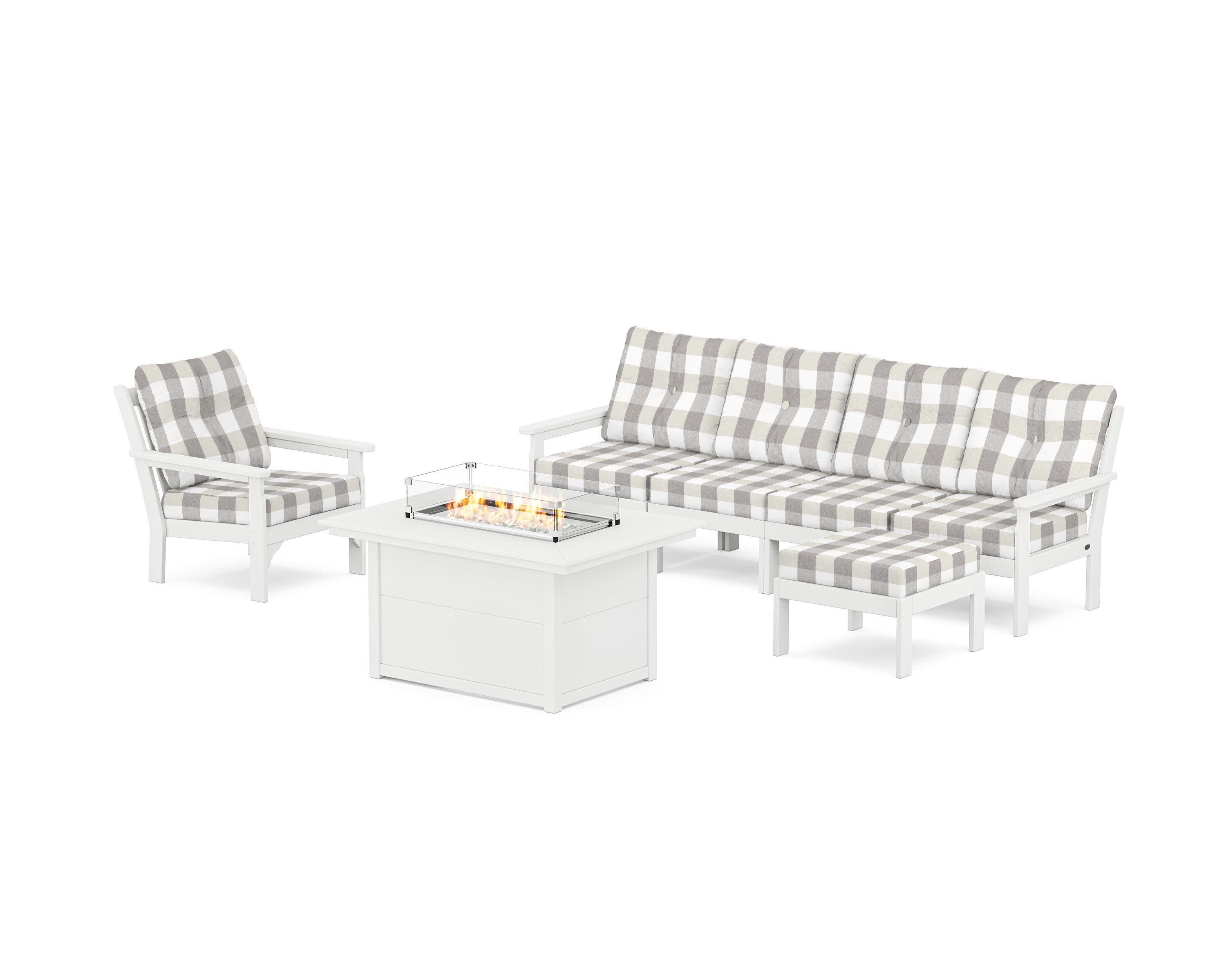 Vineyard Sectional Lounge and Fire Pit Set in White / Buffalo Plaid Grey Mist