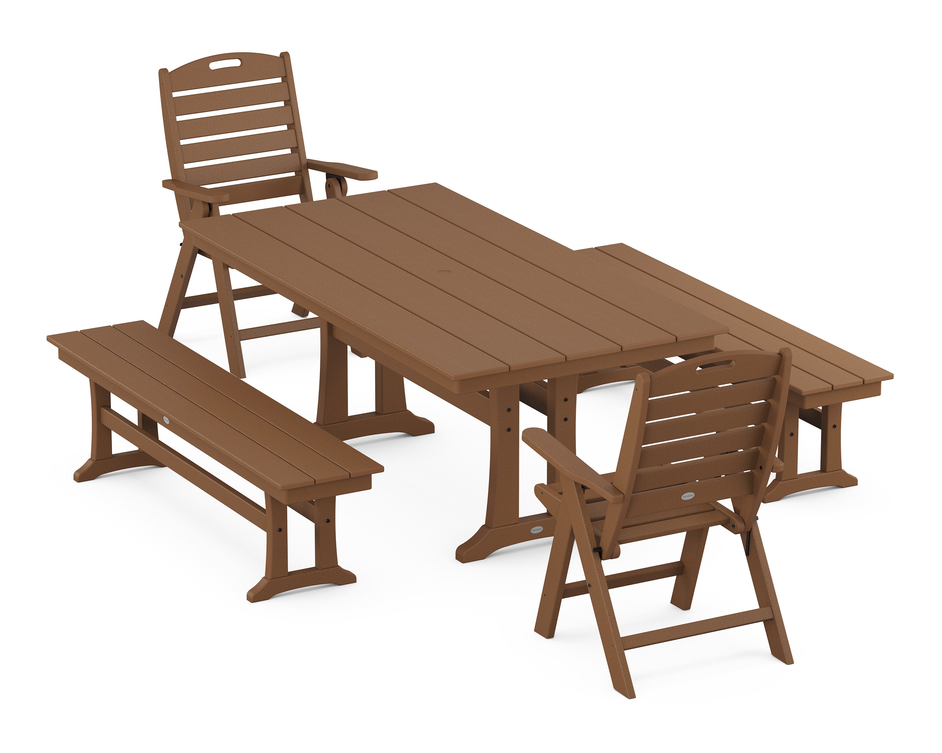 Nautical Folding Highback Chair 5-Piece Farmhouse Dining Set With Trestle Legs and Benches in Teak