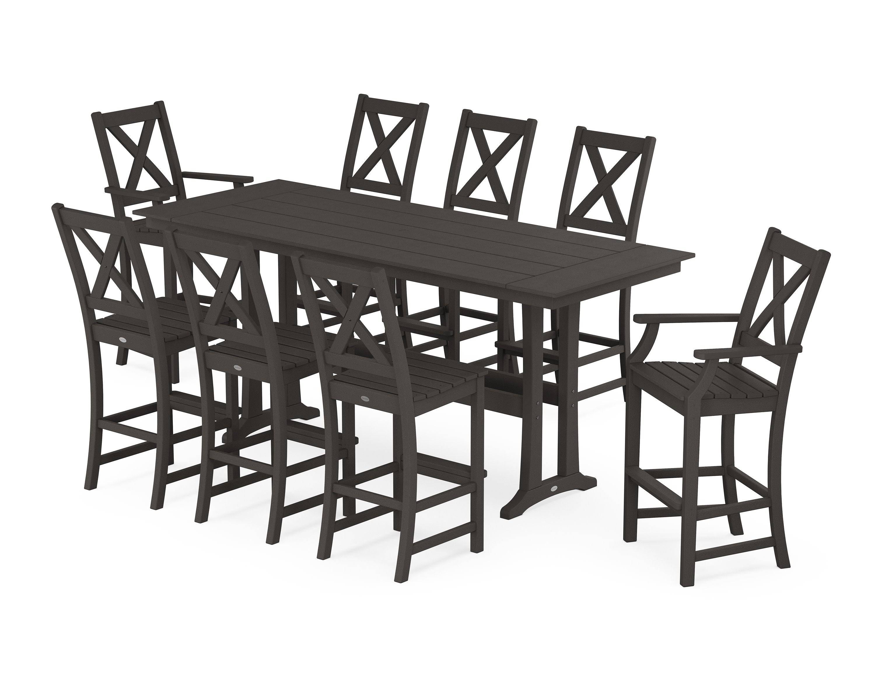 Braxton 9-Piece Farmhouse Bar Set with Trestle Legs in Vintage Coffee