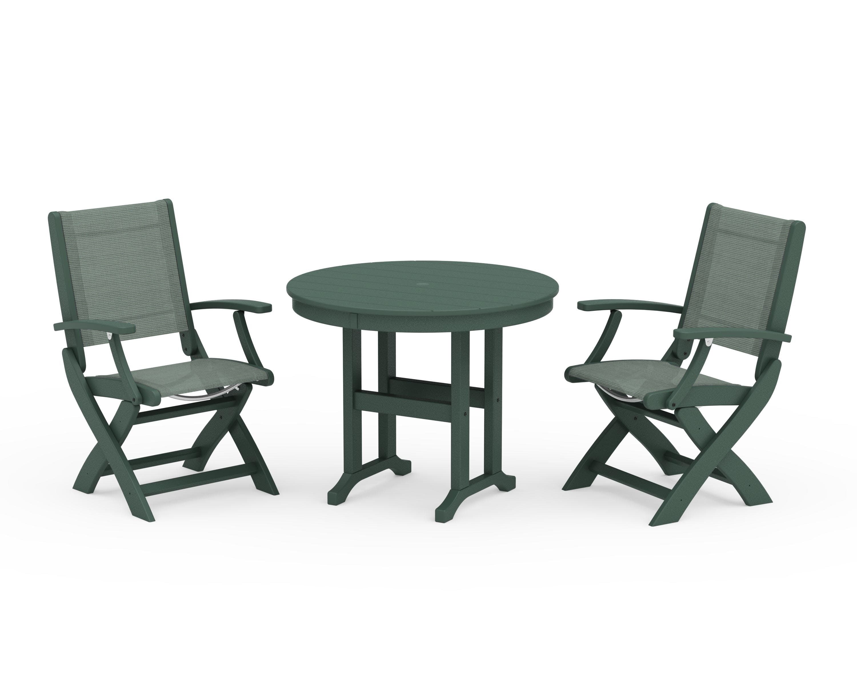 Coastal Folding Chair 3-Piece Round Dining Set in Green / Dupioni Sea Mist Sling