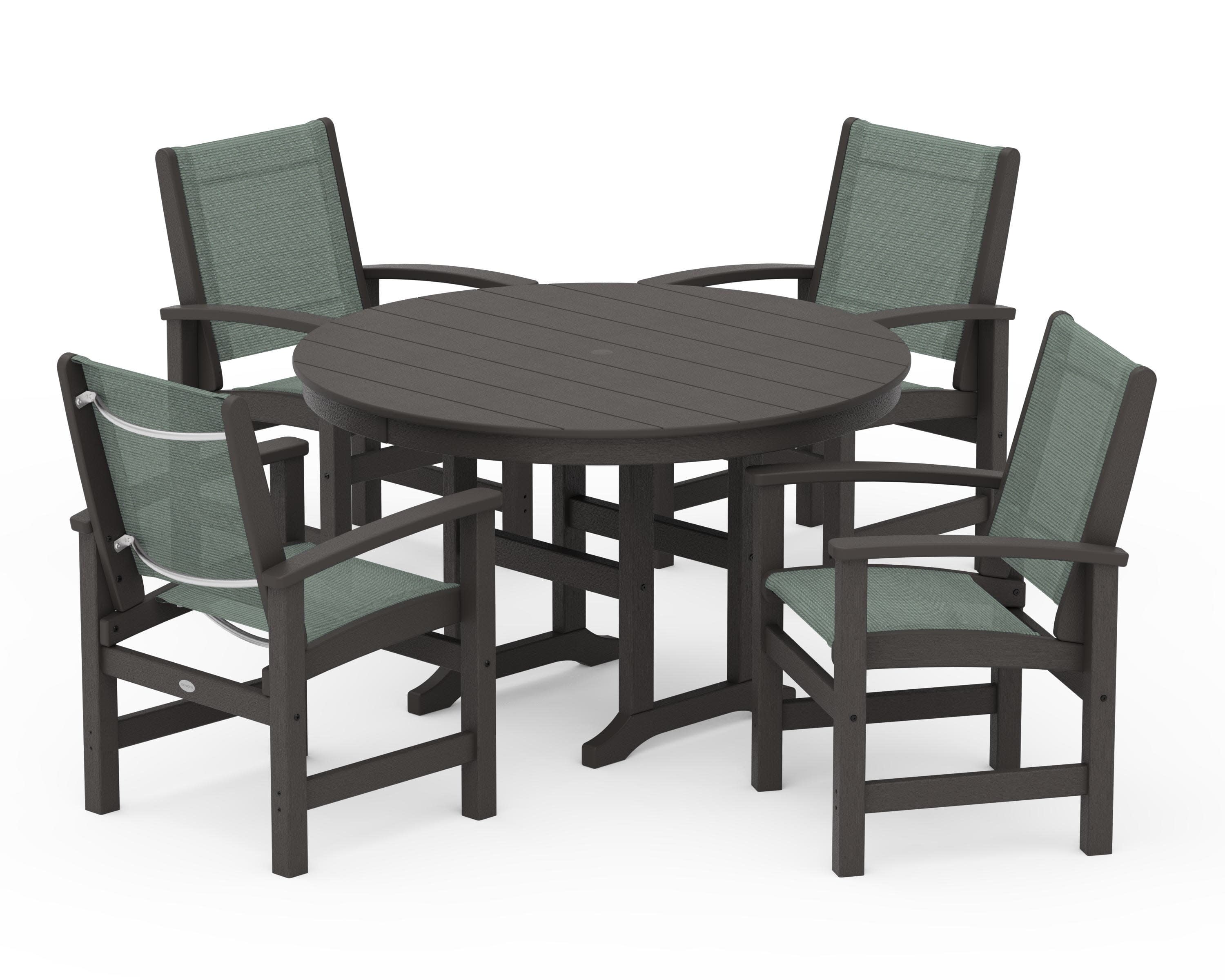 Coastal 5-Piece Round Farmhouse Dining Set in Vintage Coffee / Dupioni Sea Mist Sling