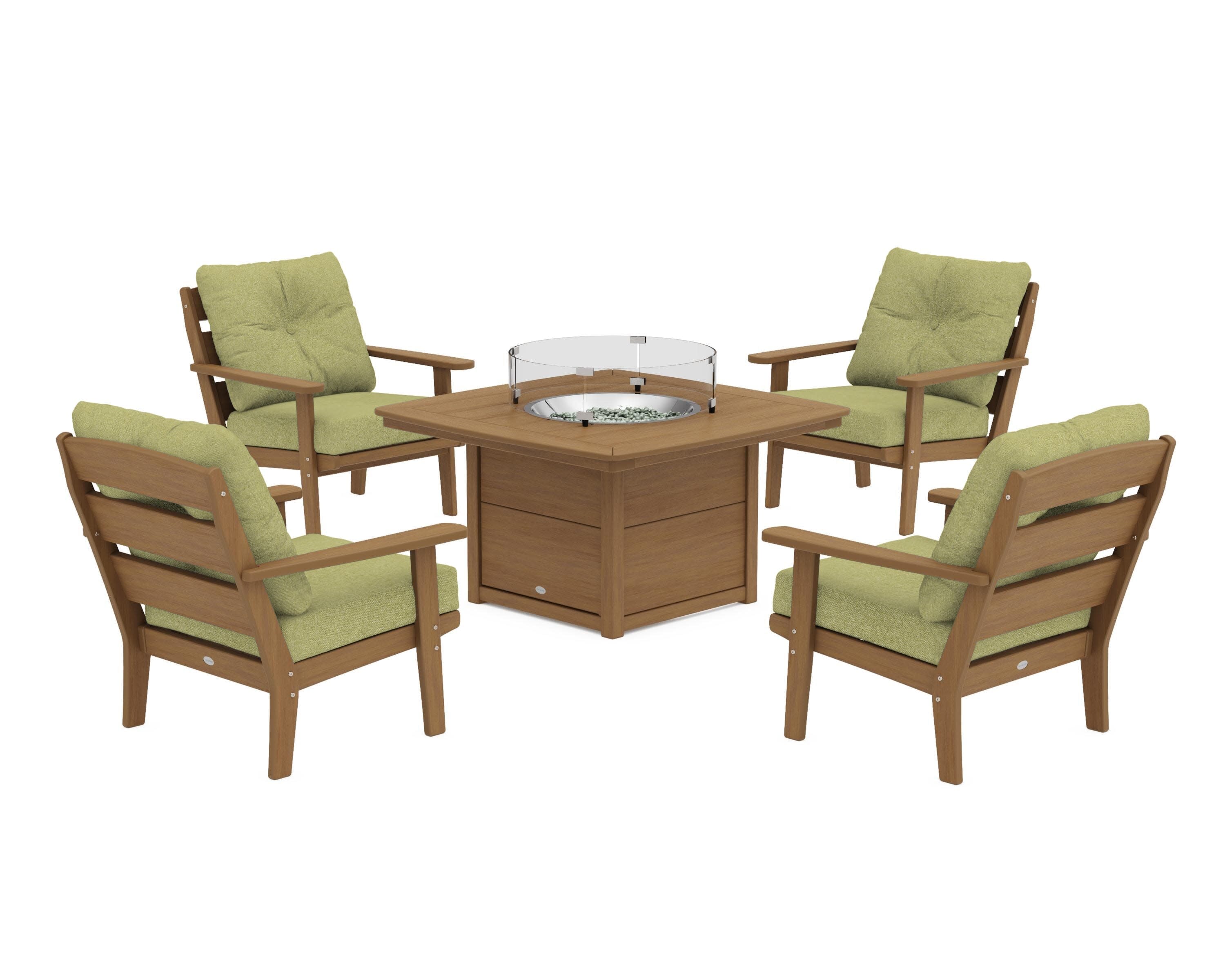 Lakeside 5-Piece Deep Seating Set with Nautical Fire Pit Table in Natural / Chartreuse Boucle