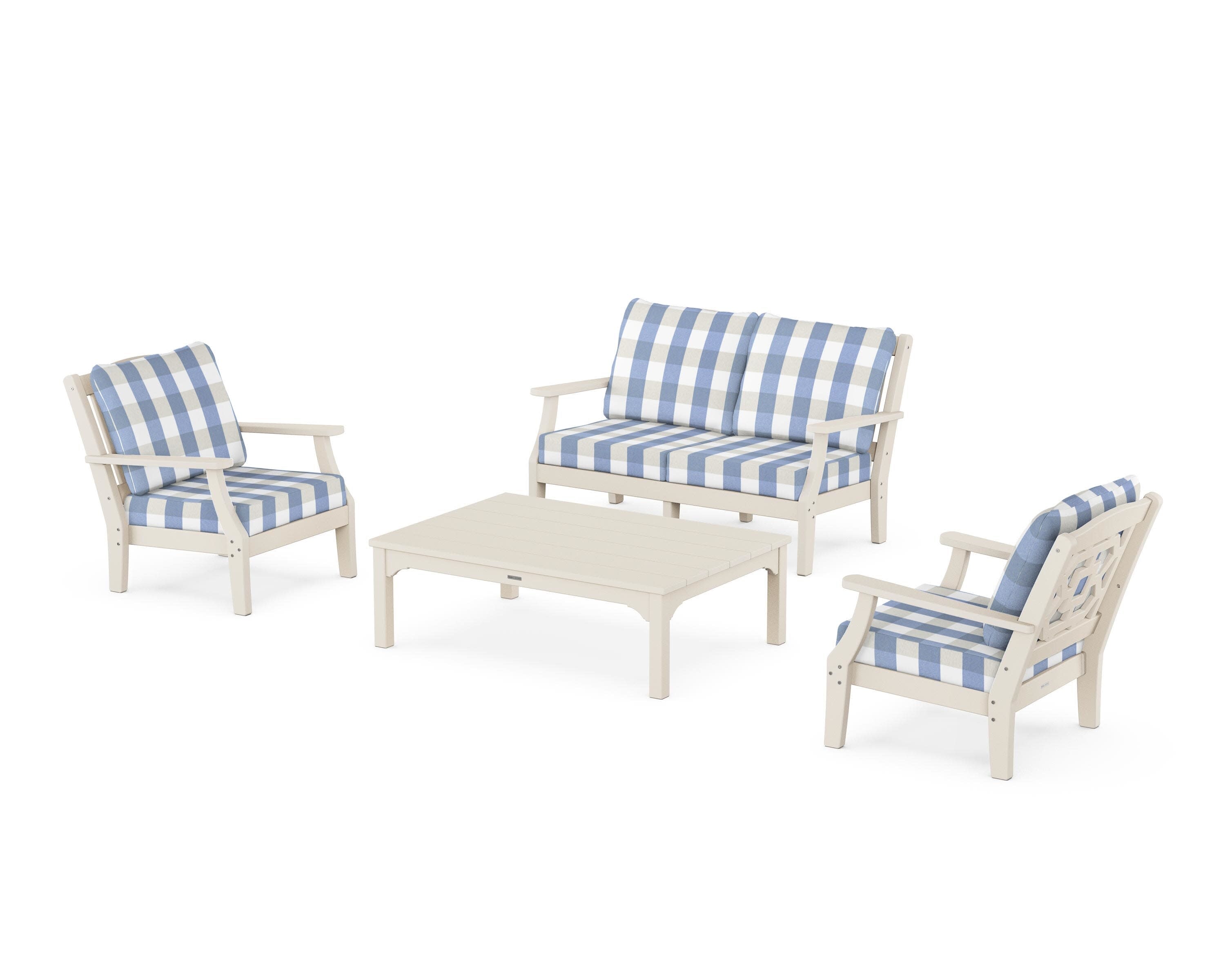 Chinoiserie 4-Piece Deep Seating Set with Loveseat in Sand / Buffalo Plaid Sky Blue