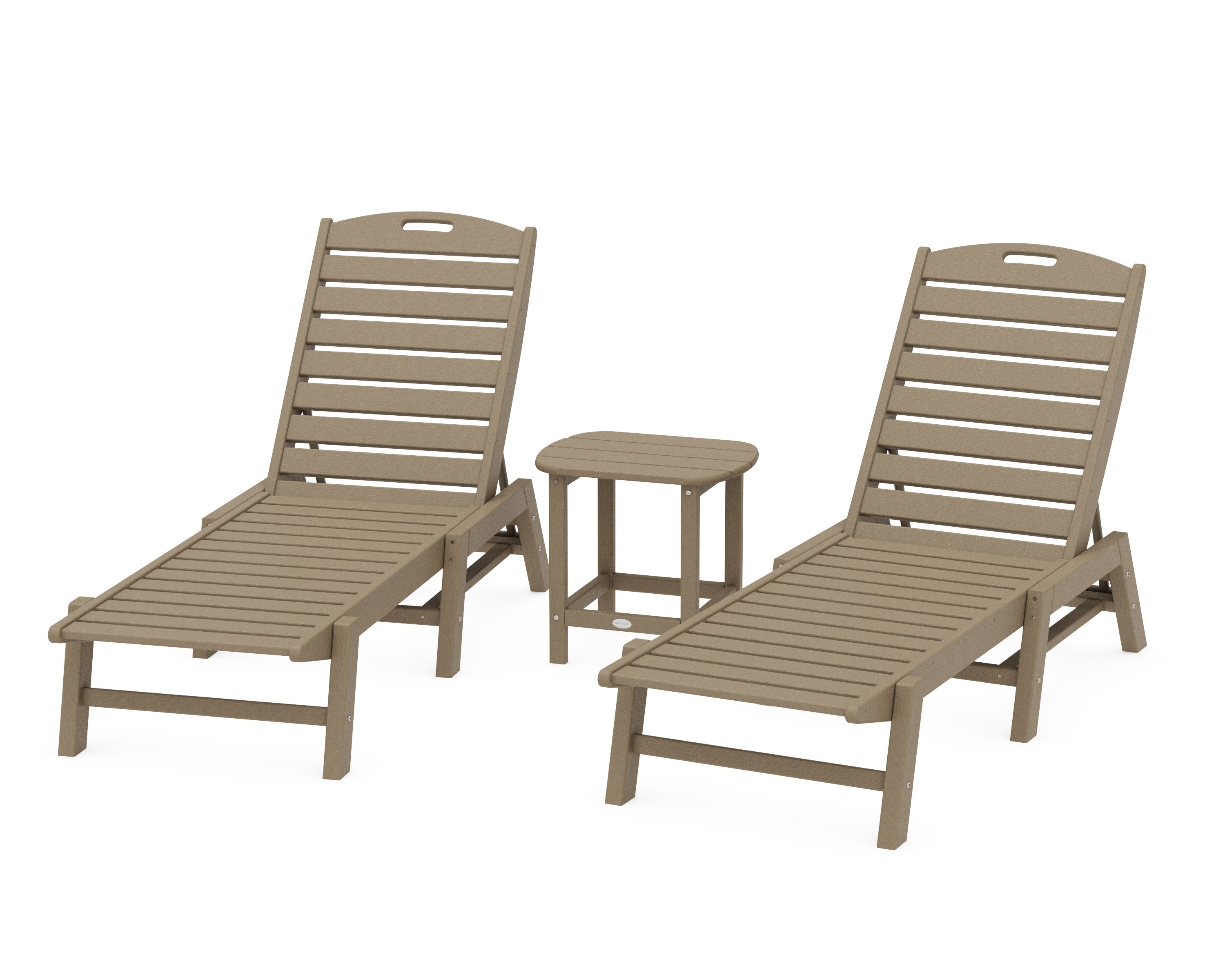 Nautical 3-Piece Chaise Lounge Set with South Beach 18" Side Table in Vintage Sahara