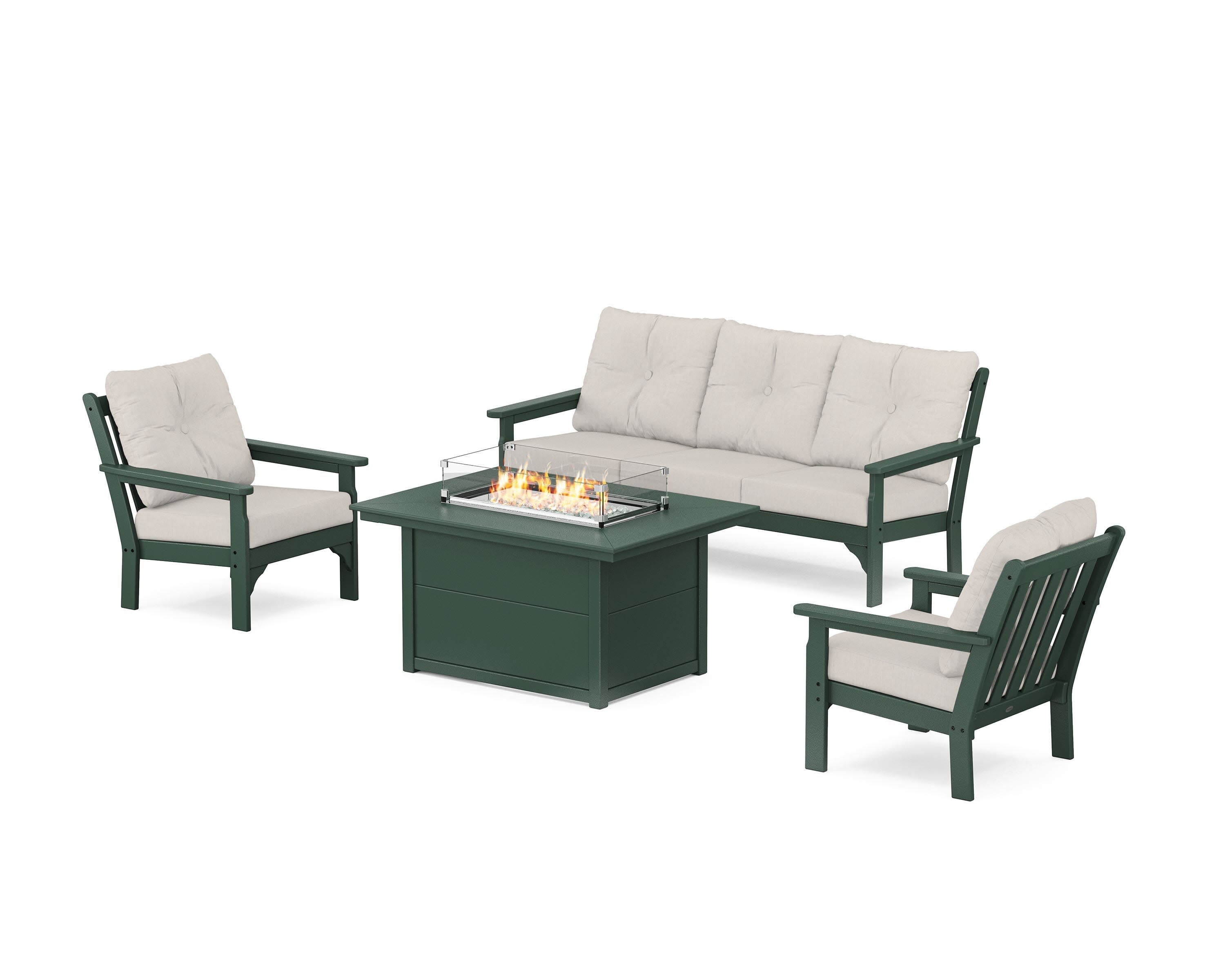 Vineyard Deep Seating Fire Pit Table Set in Green / Cast Ash