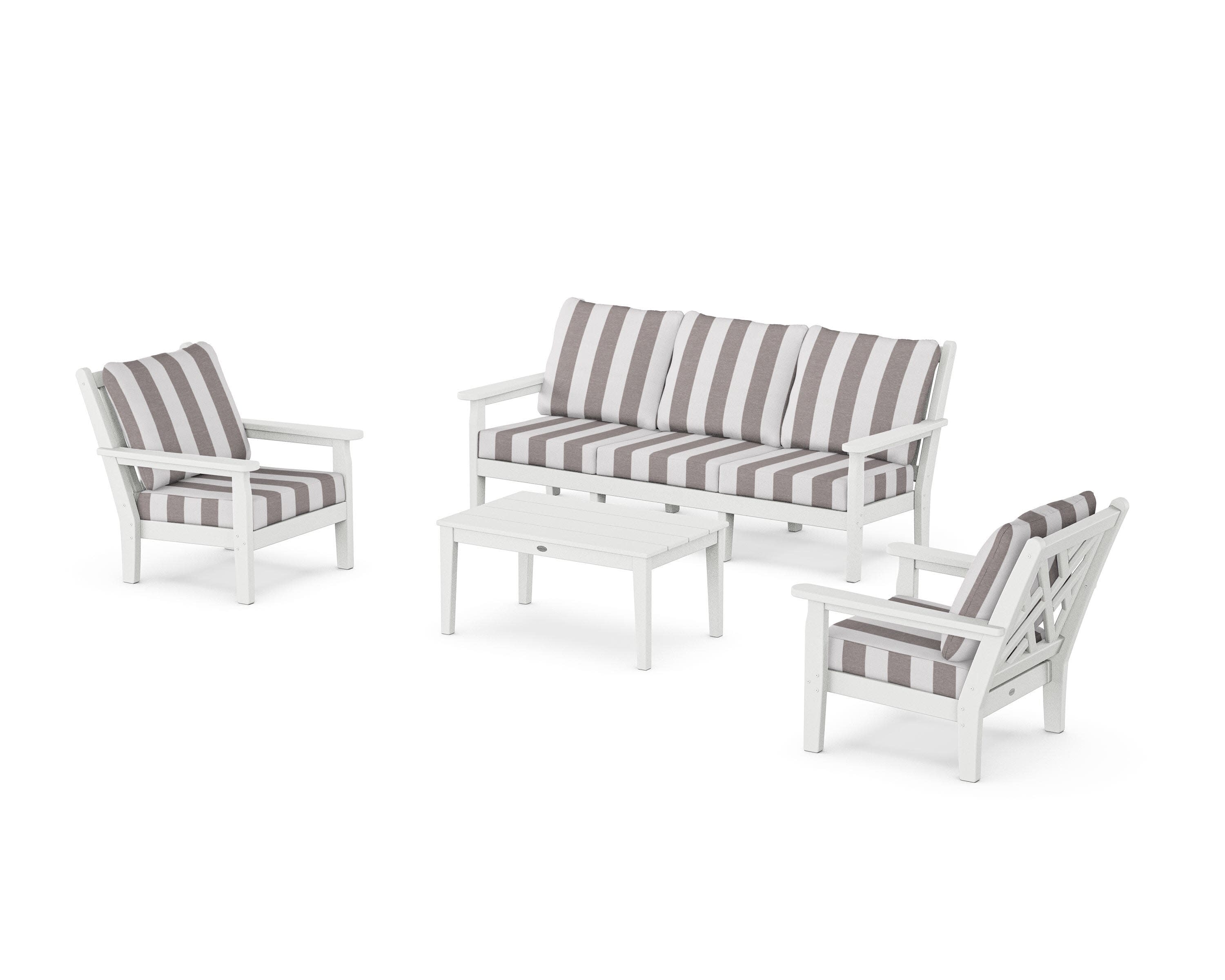 Chippendale 4-Piece Deep Seating Set with Sofa in White / Cabana Stripe Grey Mist