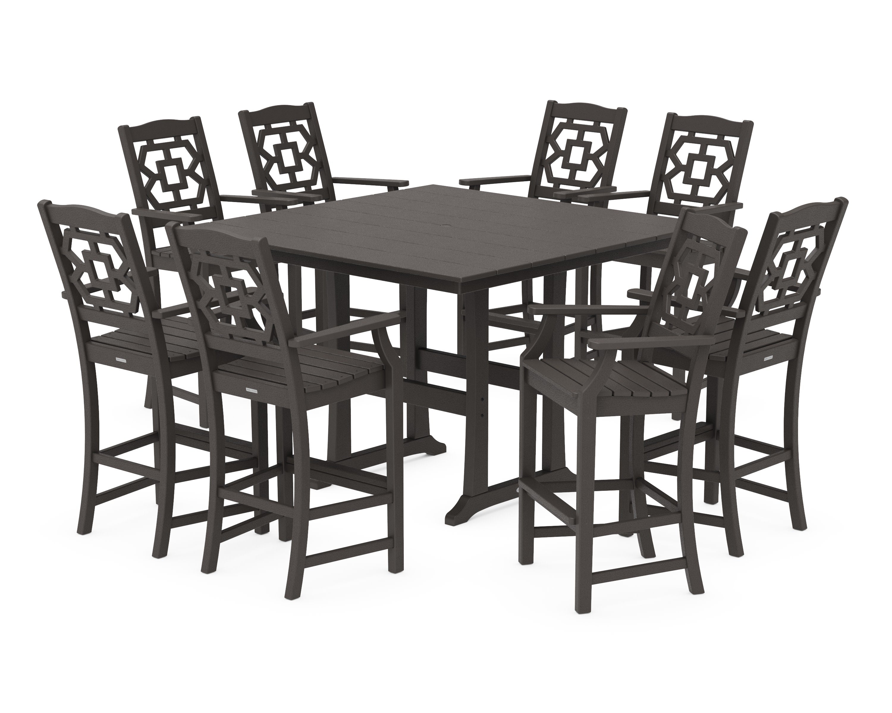 Chinoiserie 9-Piece Square Farmhouse Bar Set with Trestle Legs in Vintage Coffee