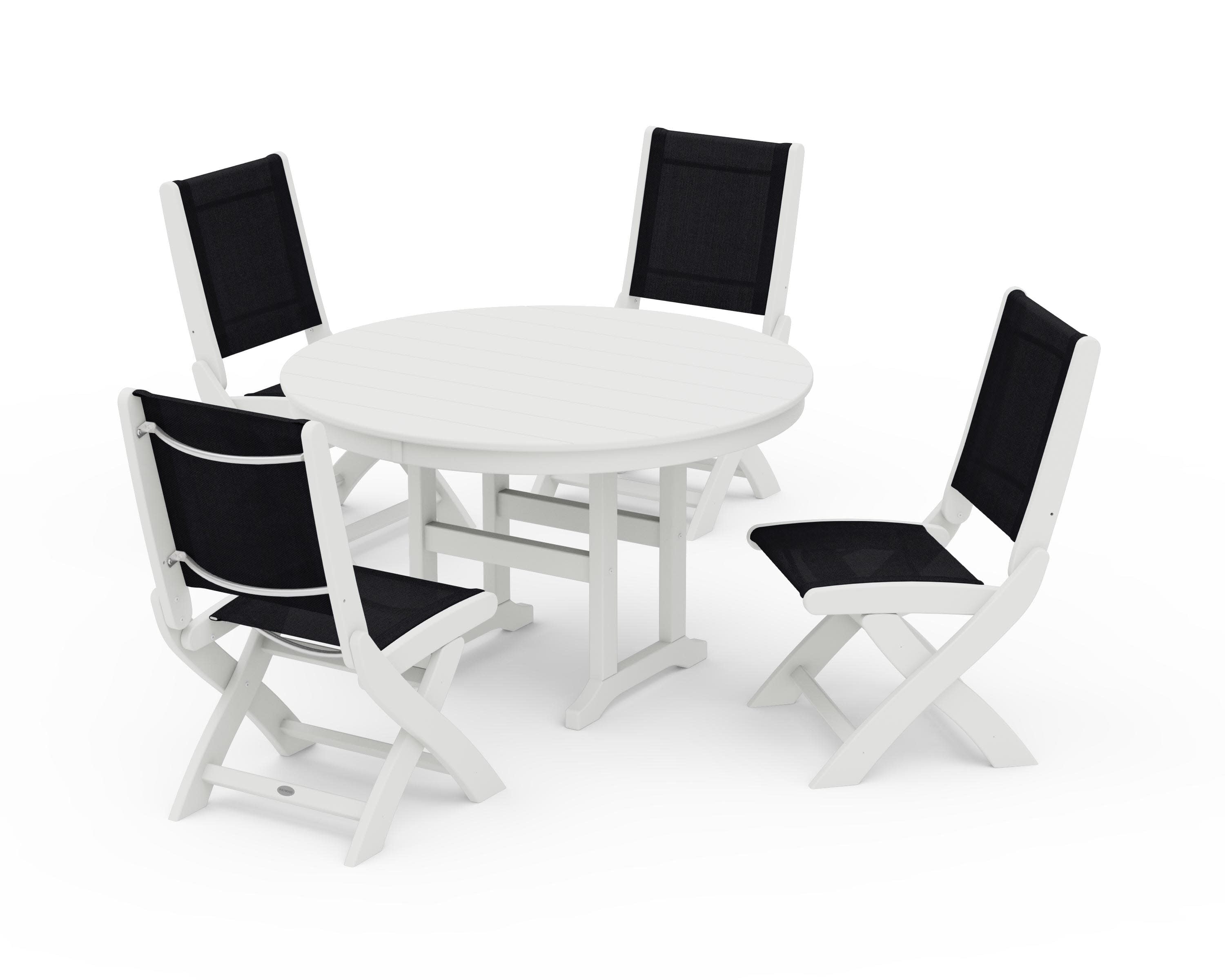 Coastal Folding Side Chair 5-Piece Round Dining Set in Vintage White / Black Sling