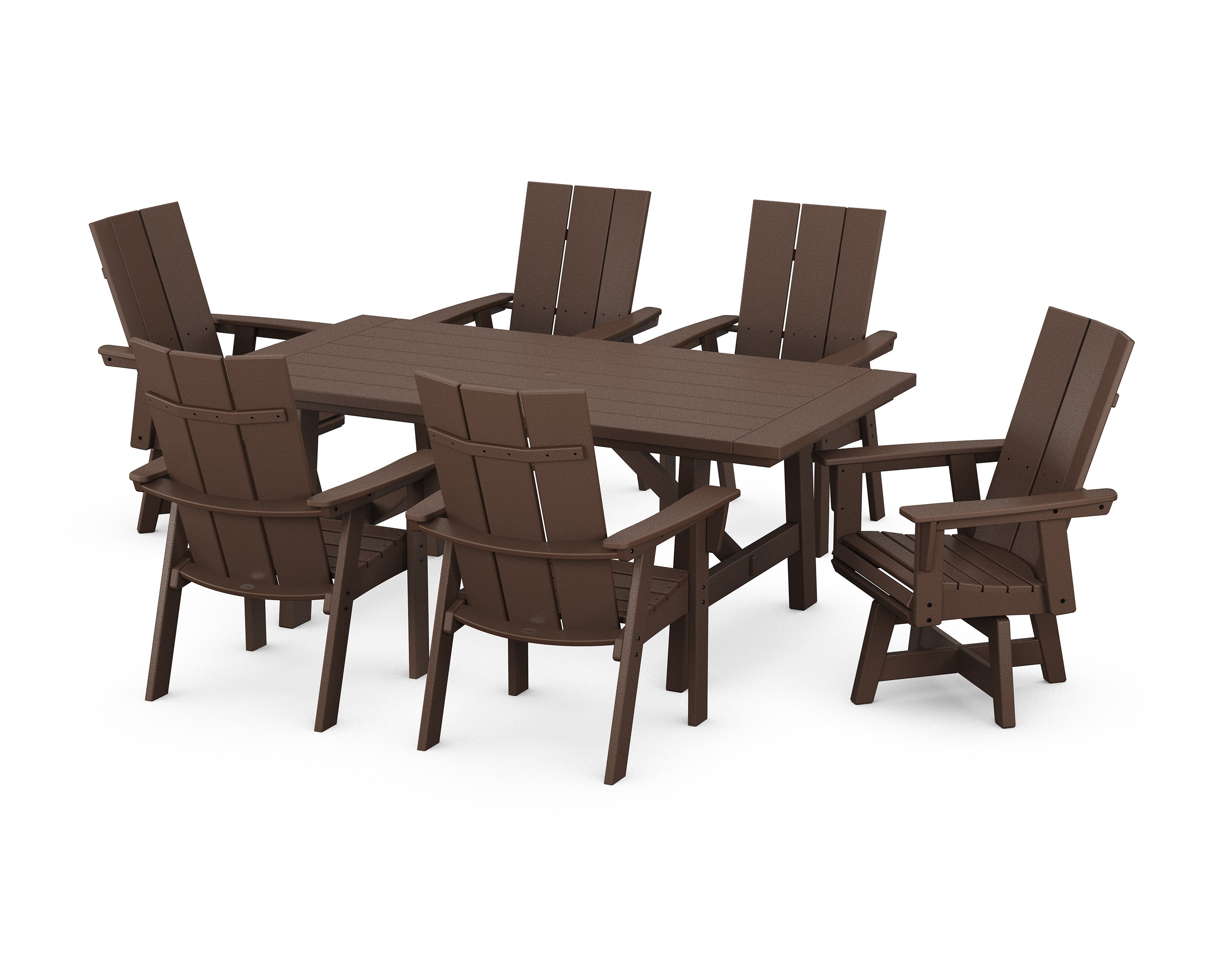 Modern Curveback Adirondack 7-Piece Rustic Farmhouse Swivel Dining Set in Mahogany