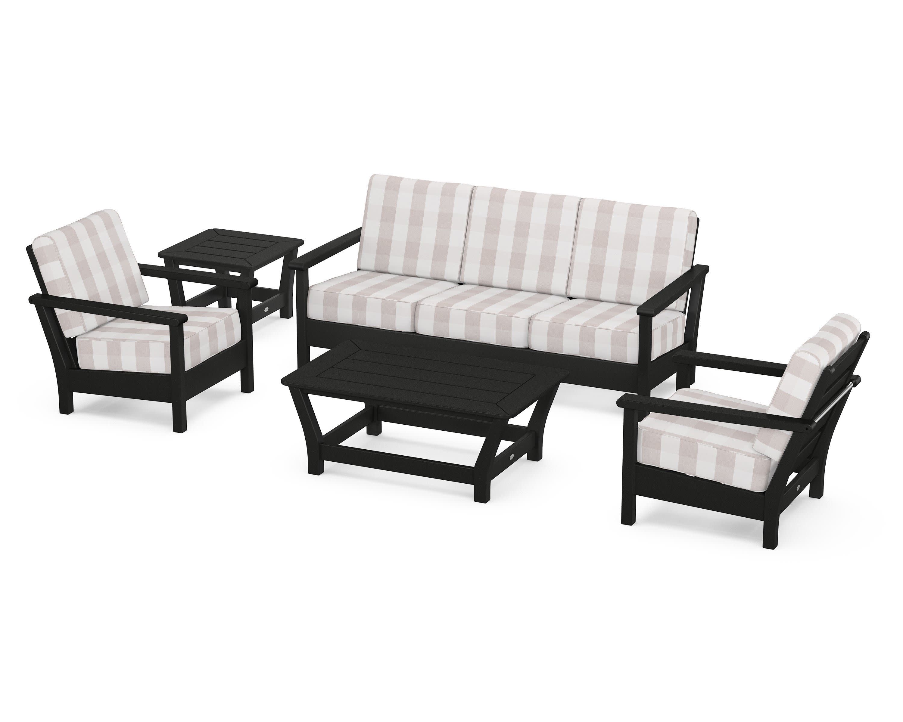 Harbour 5-Piece Deep Seating Set in Black / Buffalo Plaid Dune Burlap