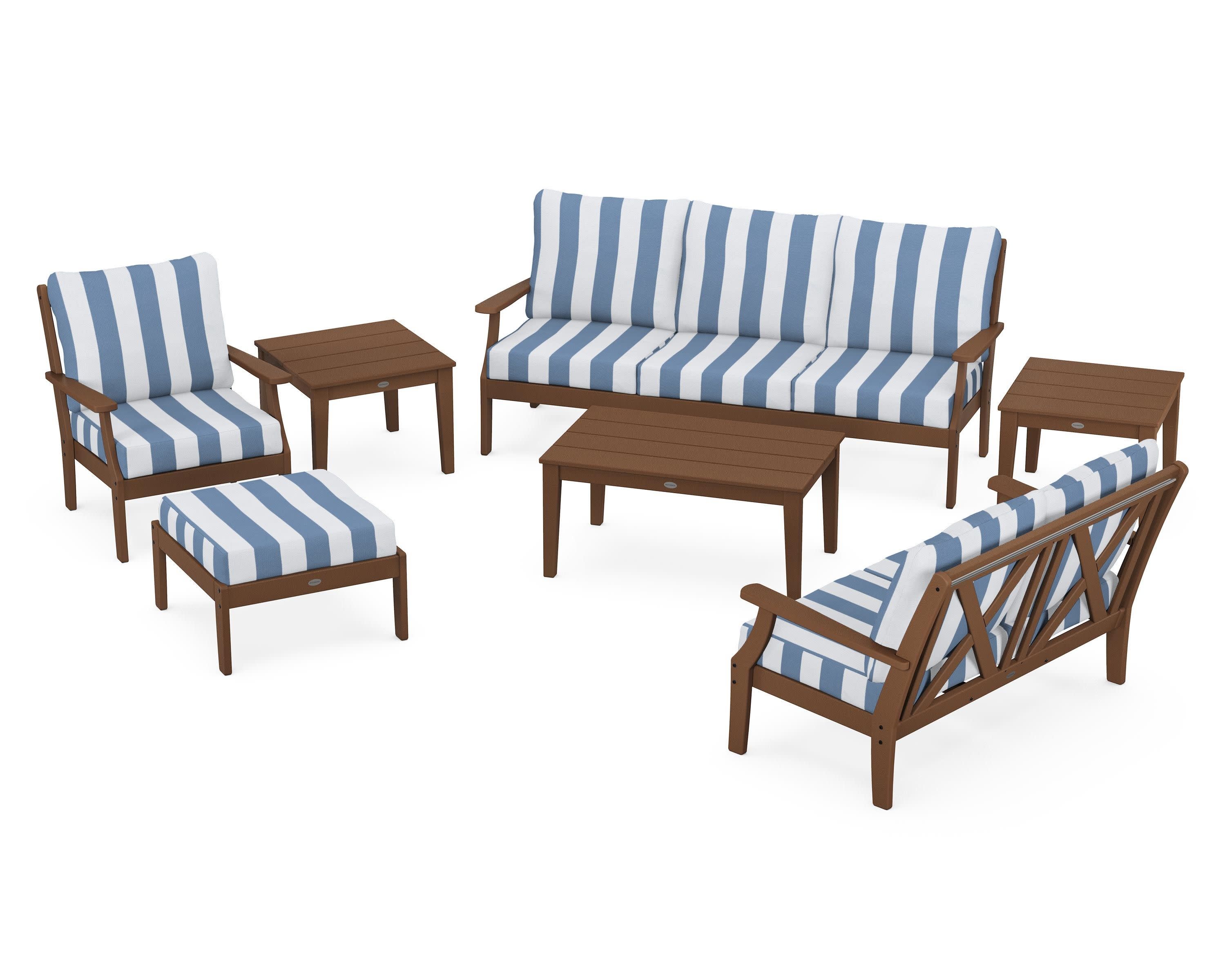 Braxton 7-Piece Deep Seating Set in Teak / Cabana Stripe Sky Blue