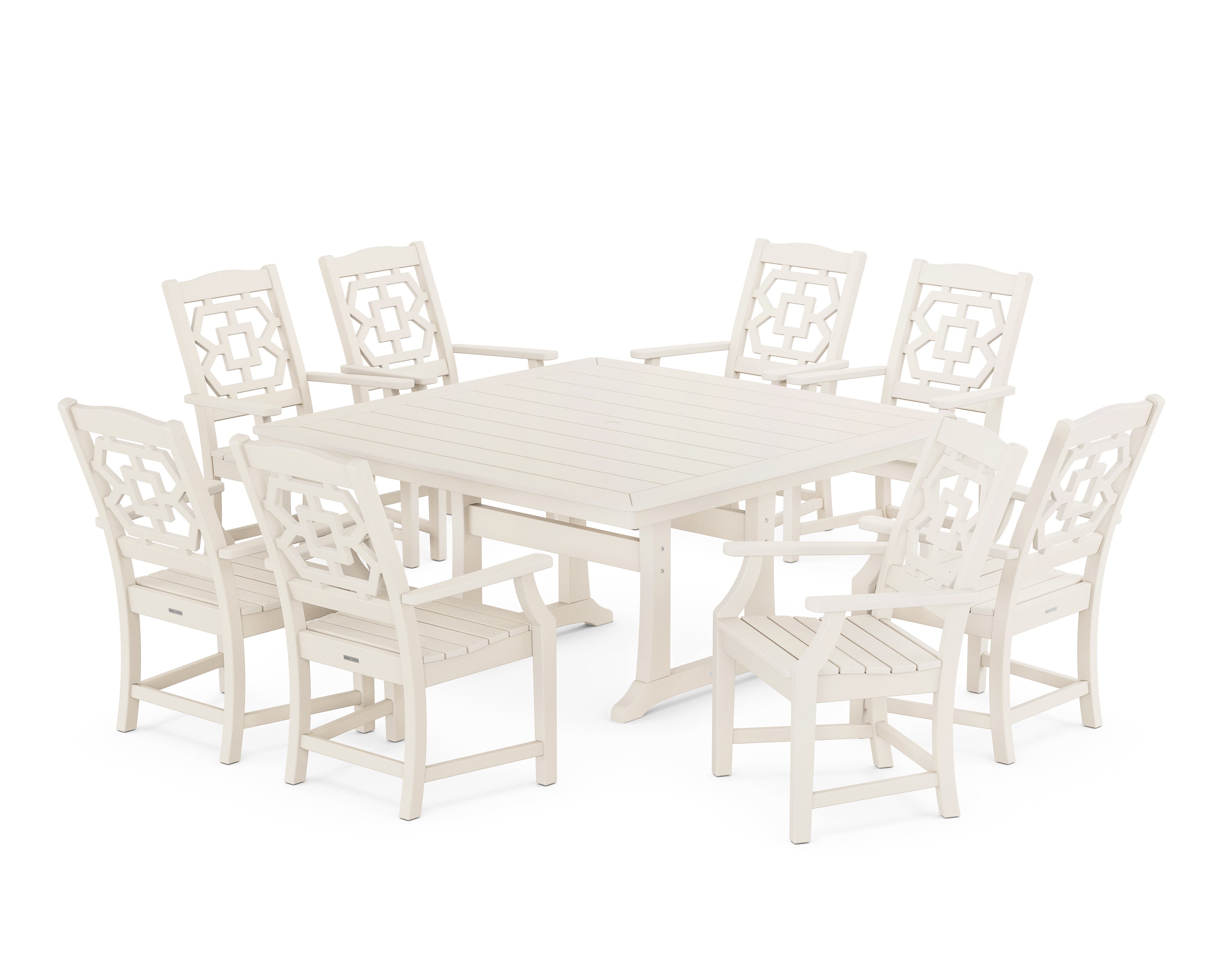 Chinoiserie 9-Piece Square Dining Set with Trestle Legs in Sand