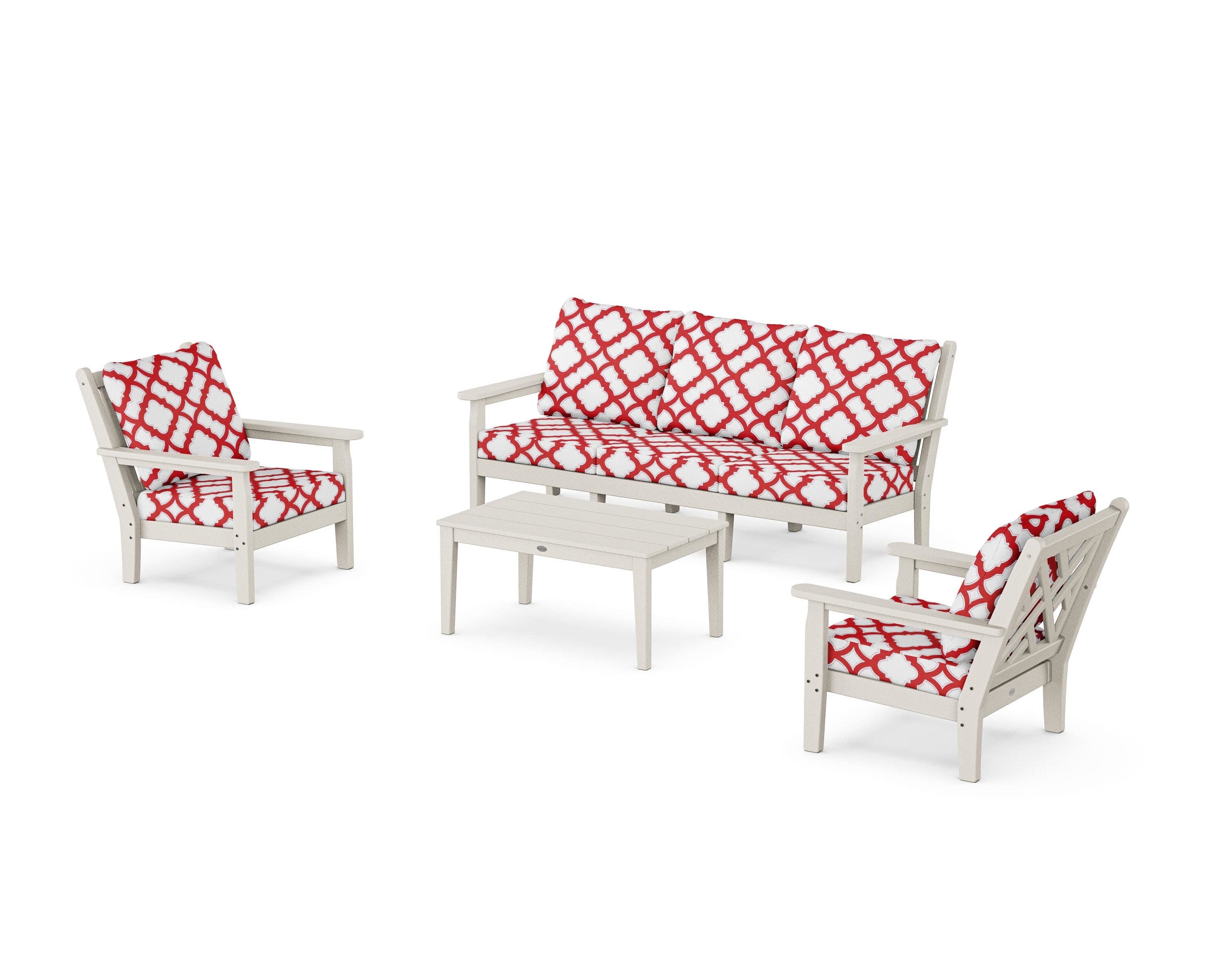 Chippendale 4-Piece Deep Seating Set with Sofa in Sand / Trellis Crimson
