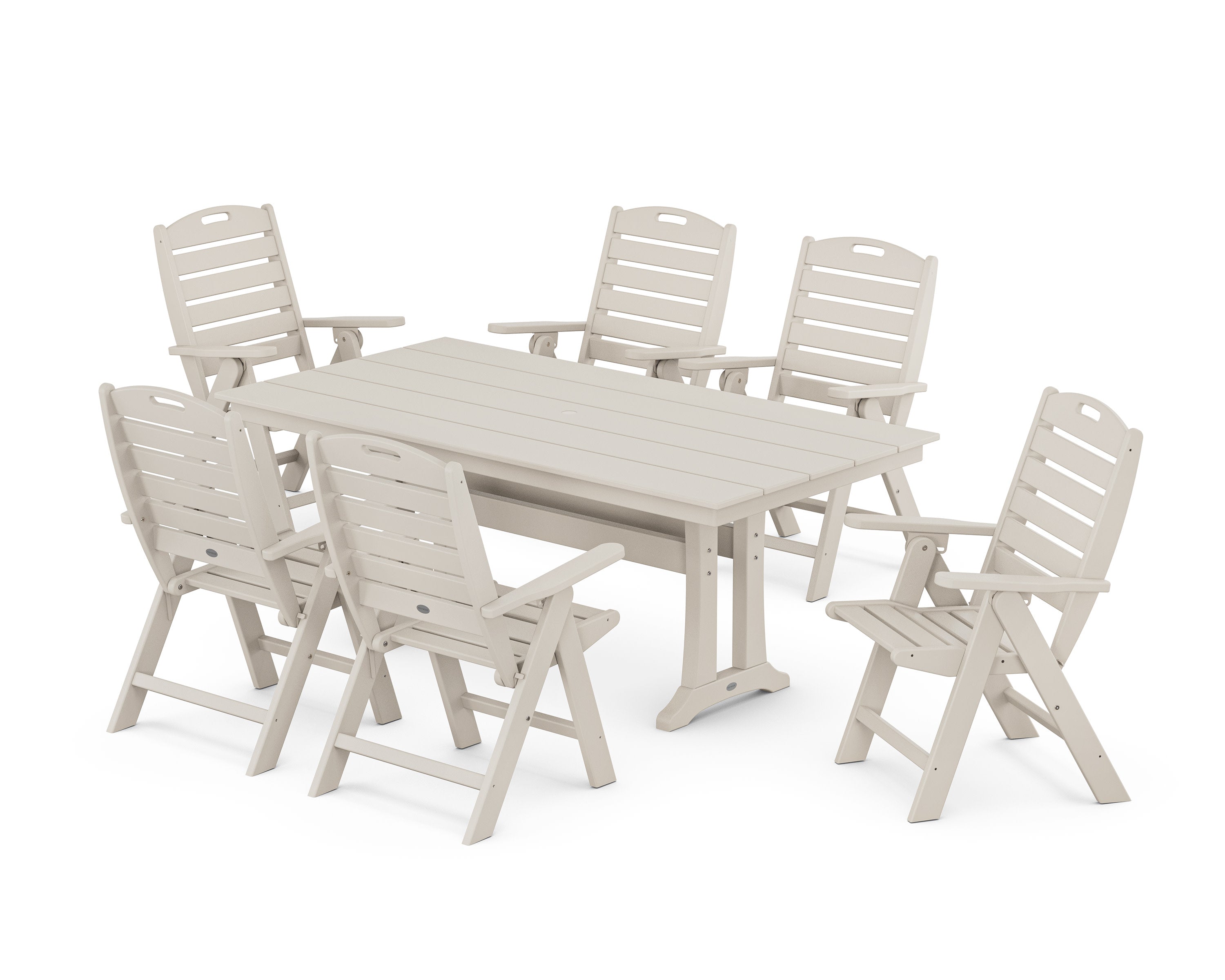 Nautical Highback 7-Piece Farmhouse Dining Set with Trestle Legs in Sand