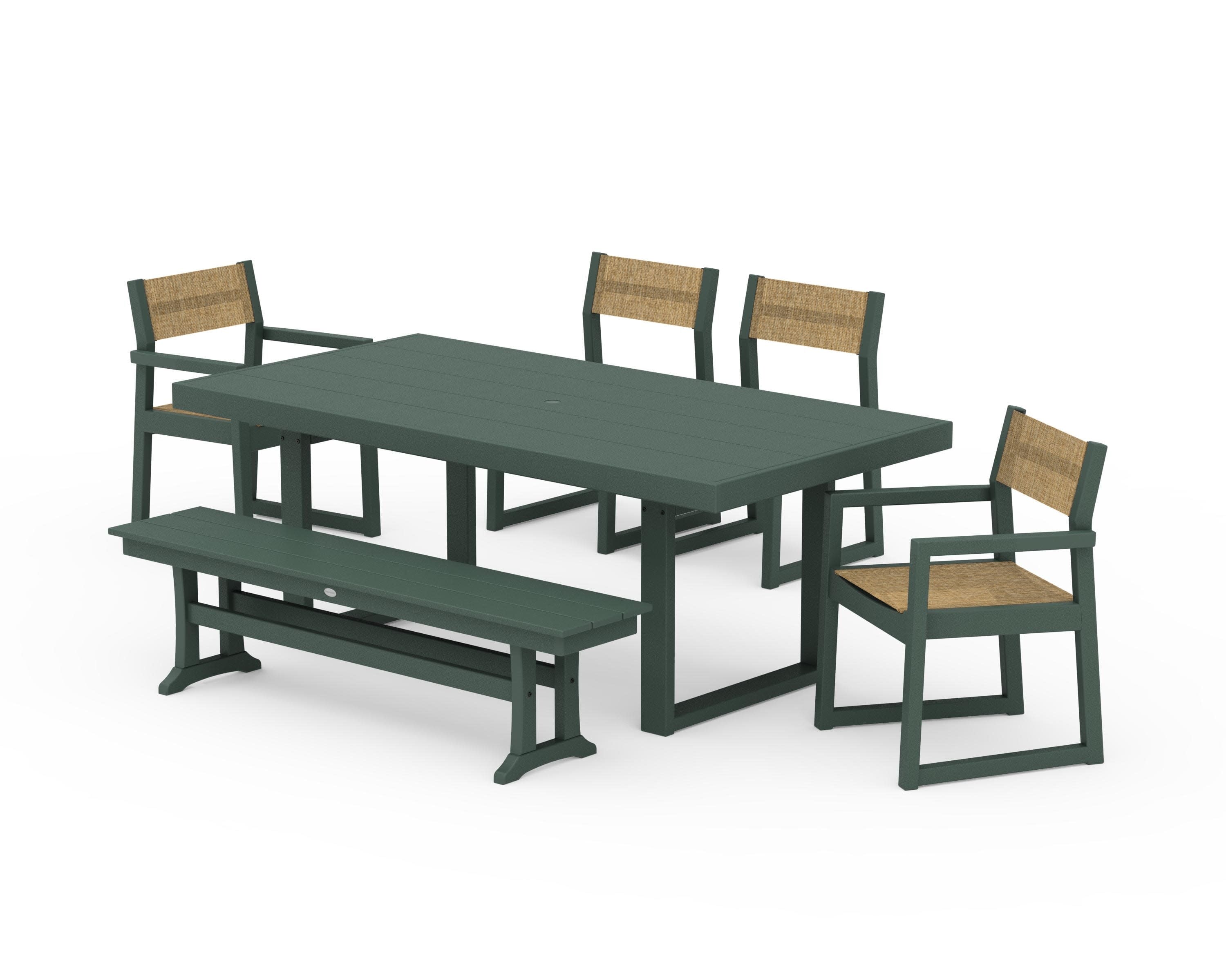EDGE Sling 6-Piece Dining Set with Bench in Green / Burlap Sling