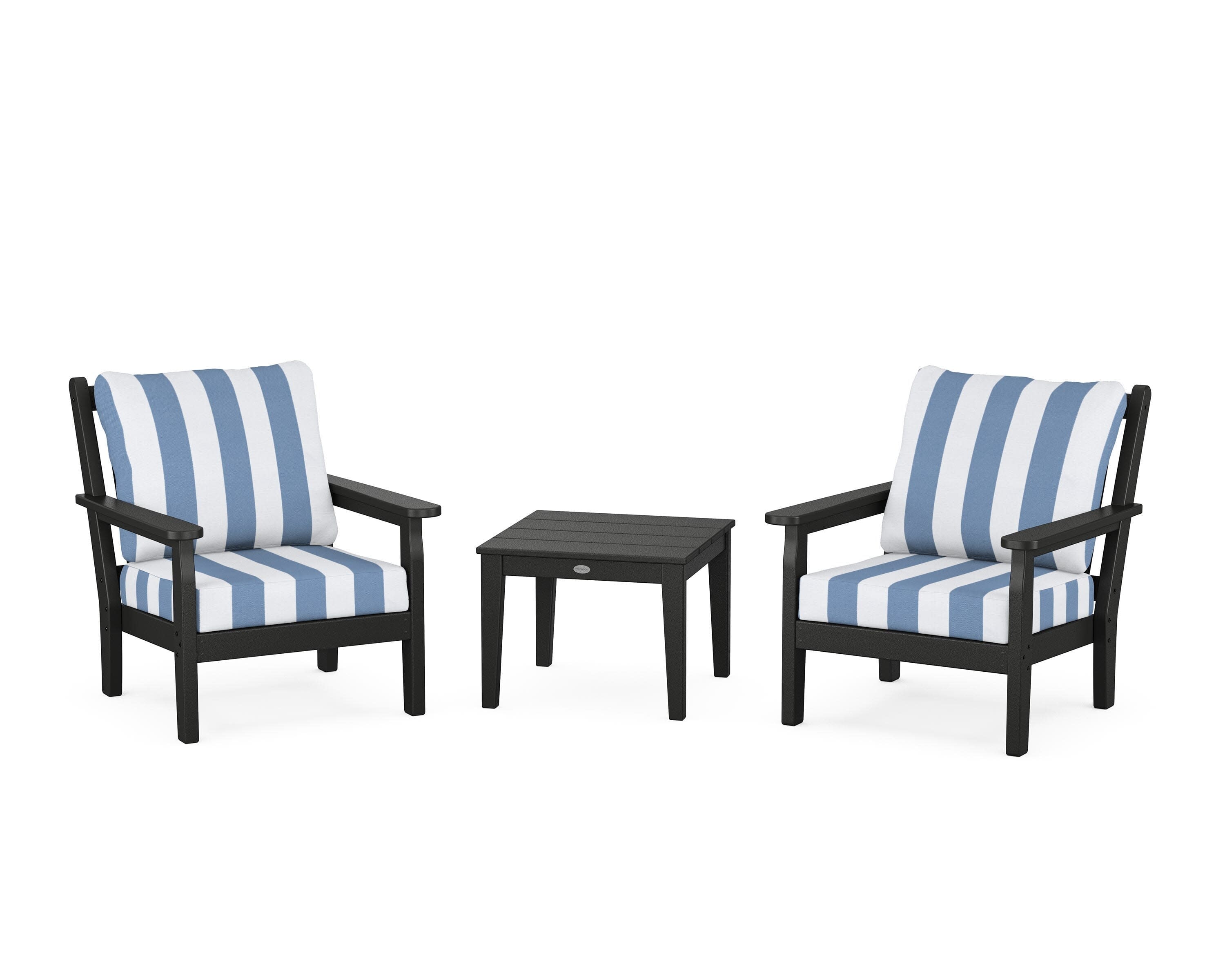Chippendale 3-Piece Deep Seating Set in Black / Cabana Stripe Sky Blue