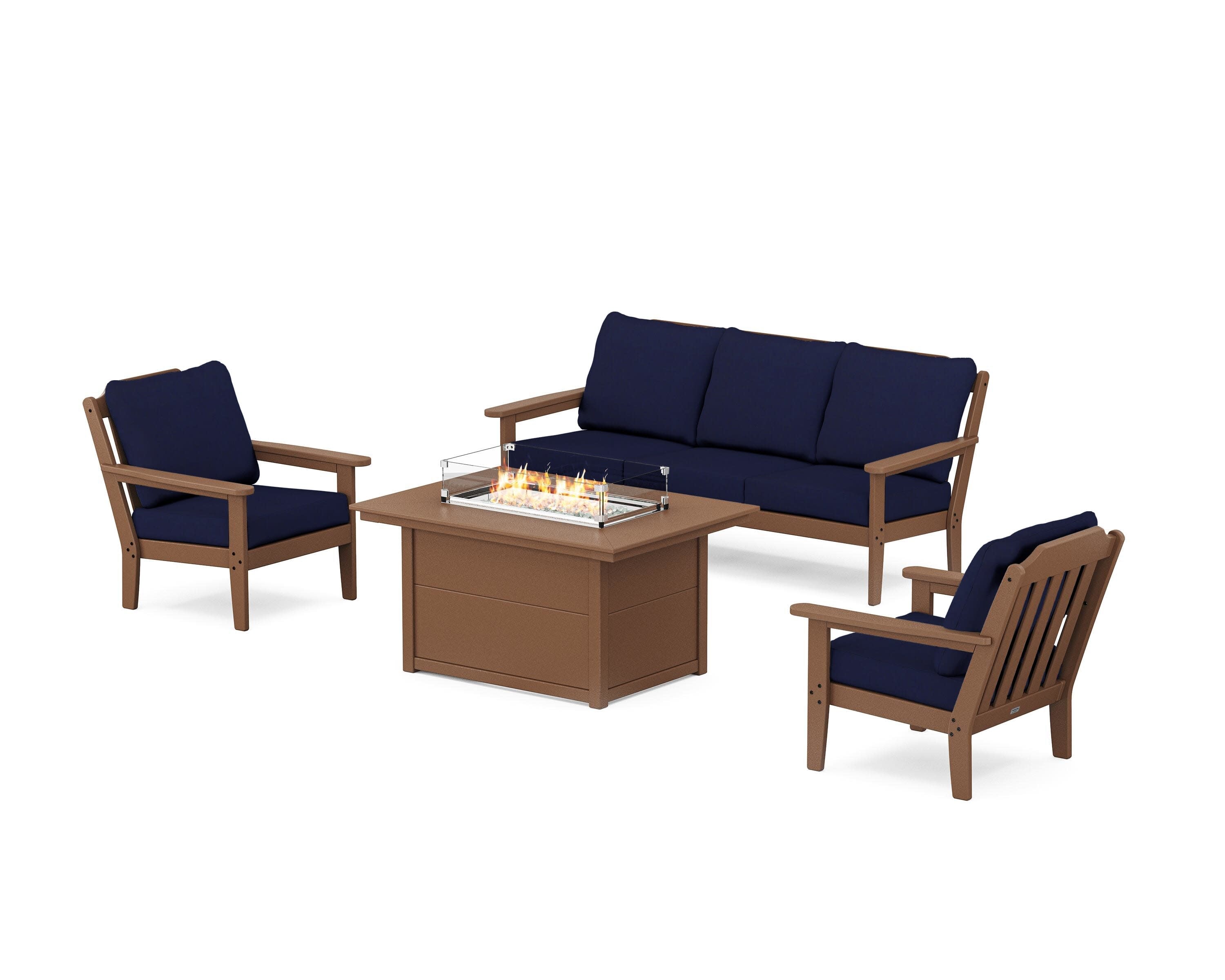 Cottage Deep Seating Fire Pit Table Set in Teak / Navy